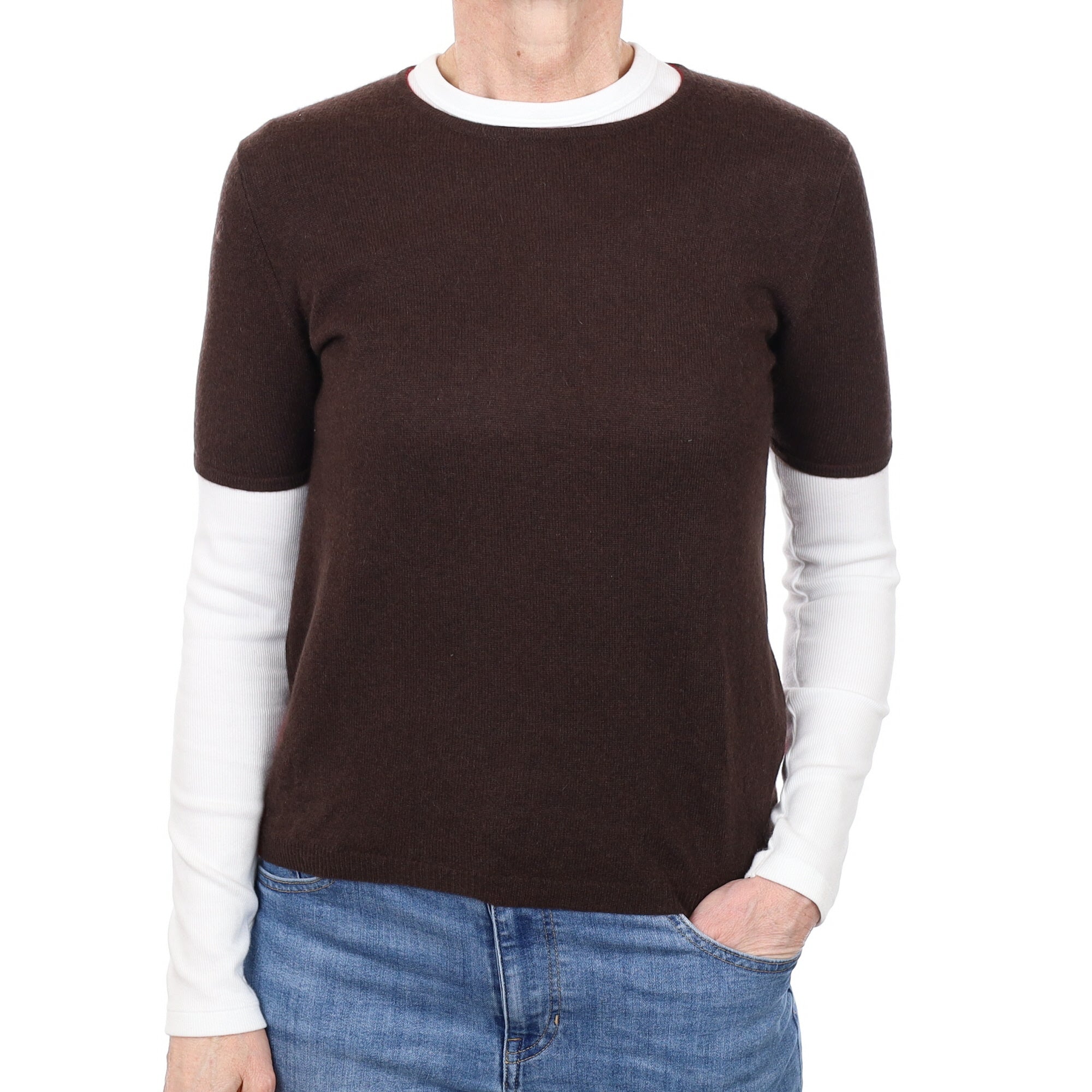 Brown and Red Cashmere Short Sleeved Crew Neck Jumper Small