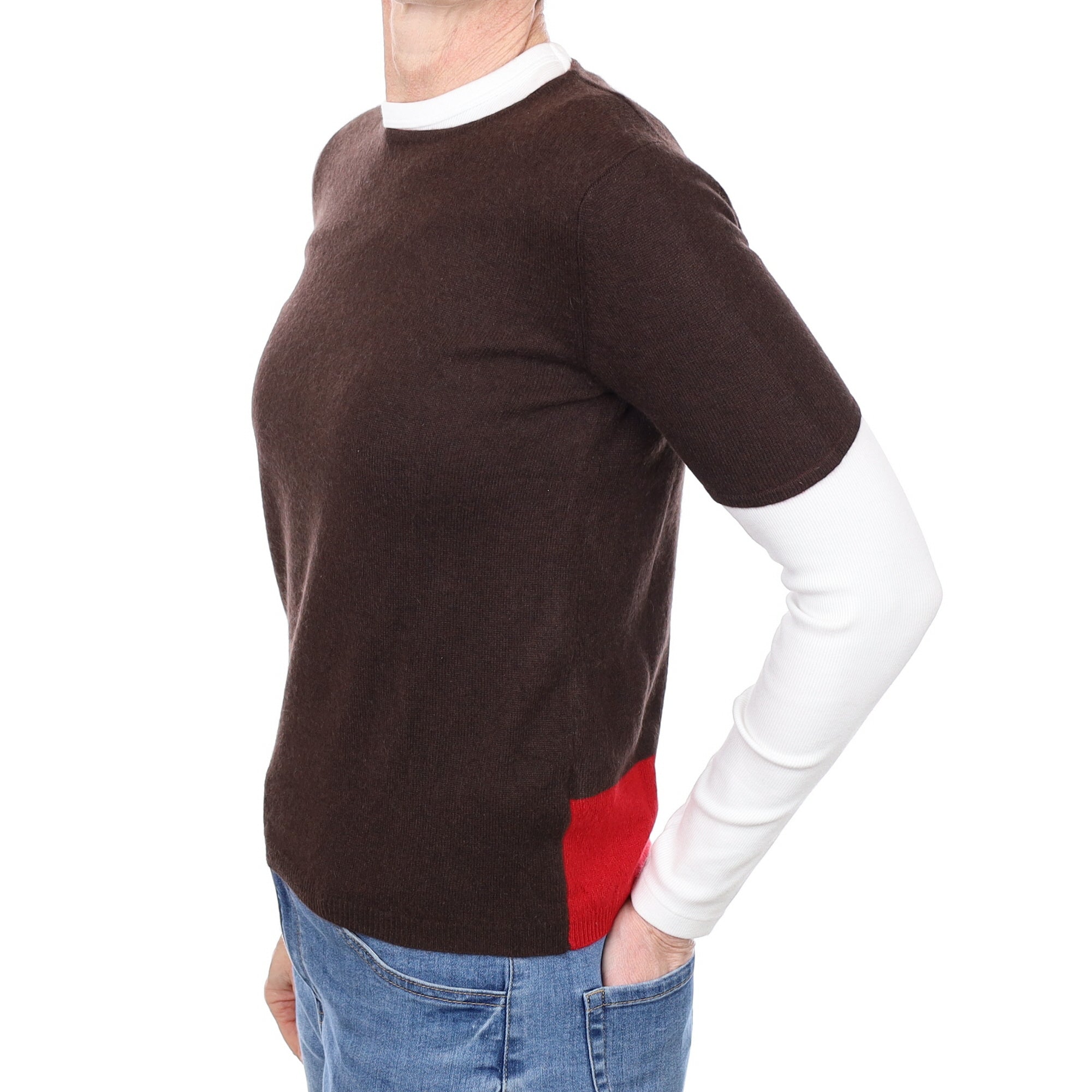 Brown and Red Cashmere Short Sleeved Crew Neck Jumper Small
