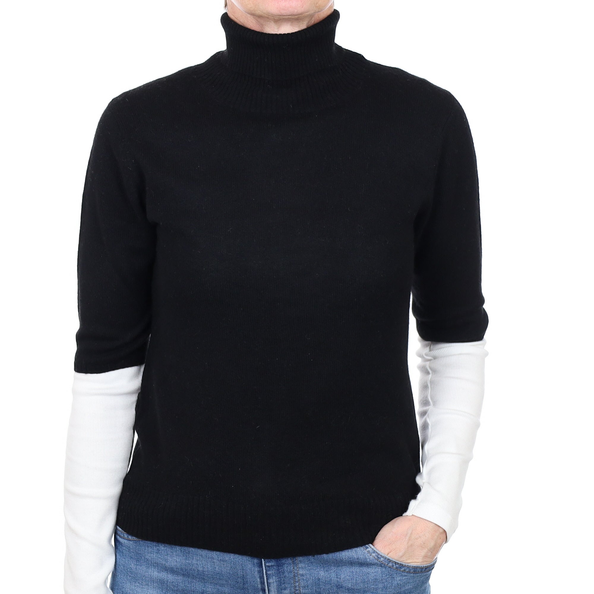 Black Cashmere Short Sleeved Polo Neck Jumper Small