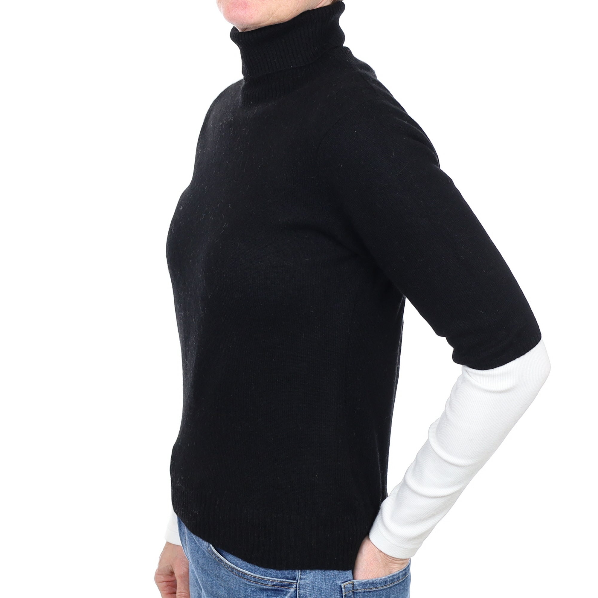 Black Cashmere Short Sleeved Polo Neck Jumper Small