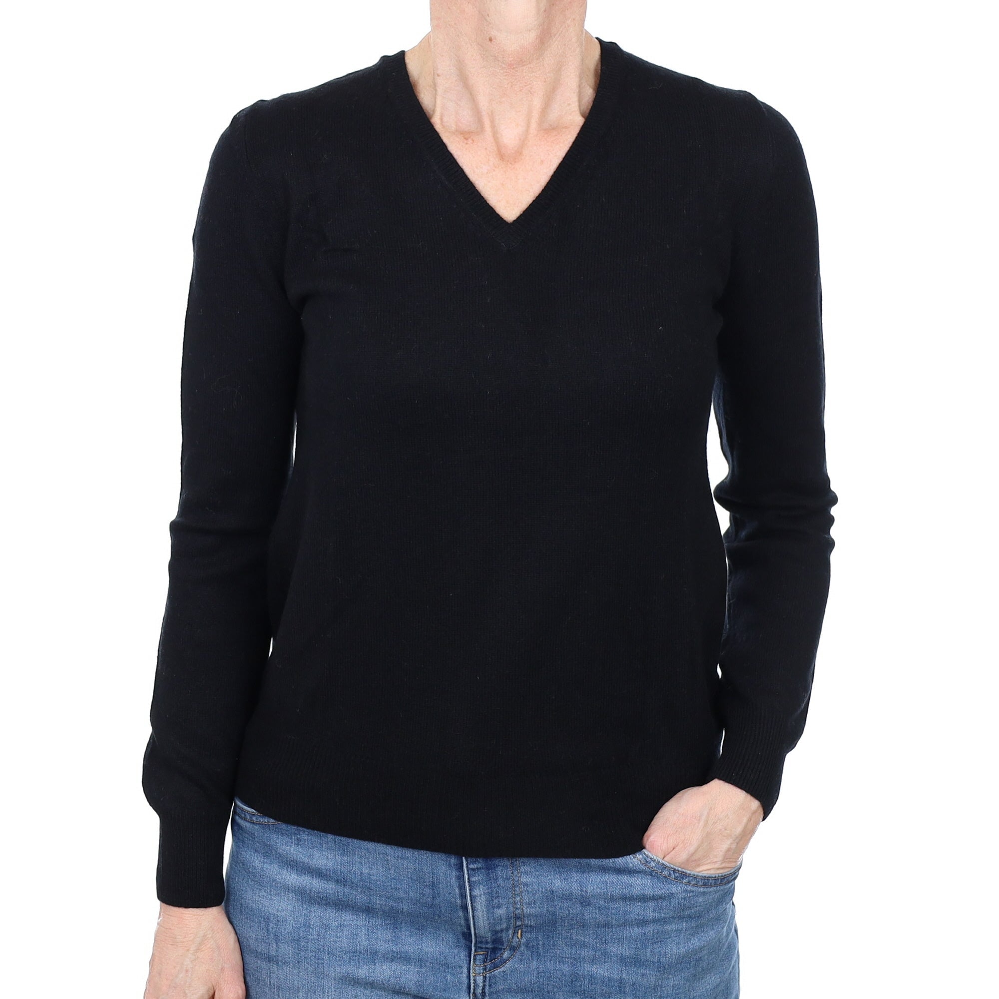 Black Cashmere V Neck Lightweight Jumper Small