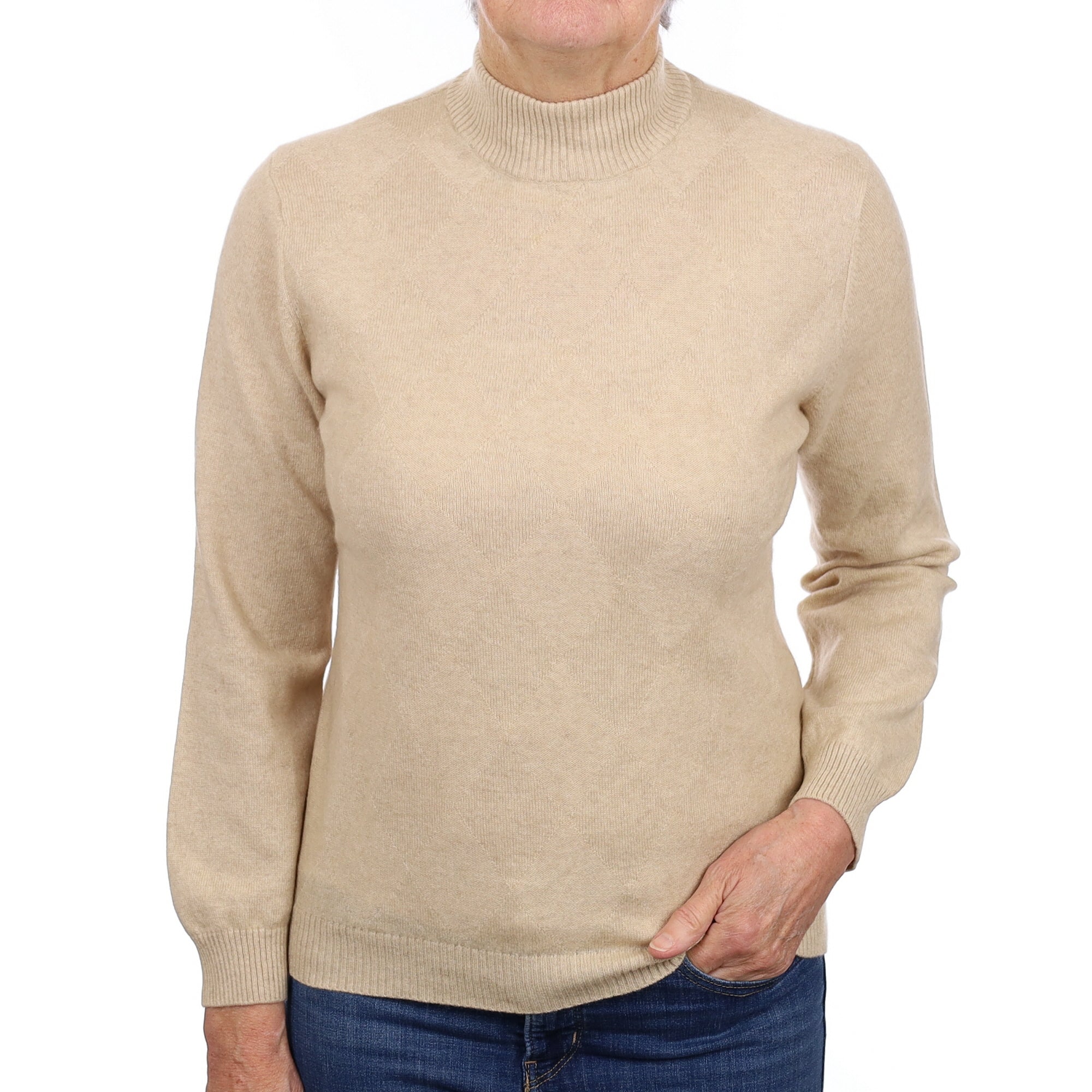 Sand Beige Diamond Patterned Cashmere Turtle Neck Jumper Medium
