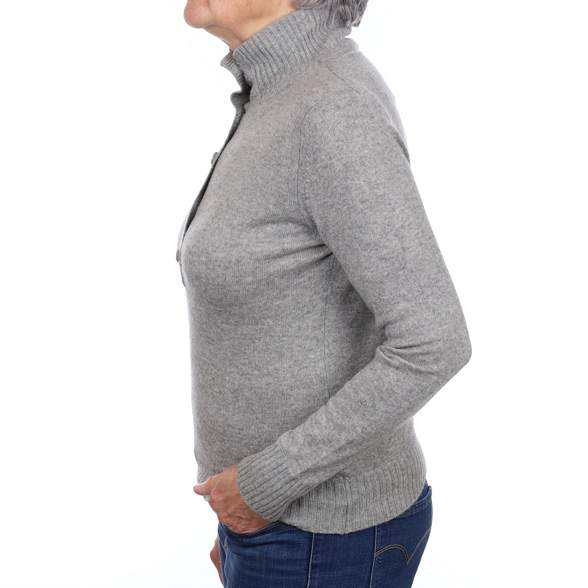 Smoke Grey Button Detail Cashmere Polo Neck Jumper Medium
