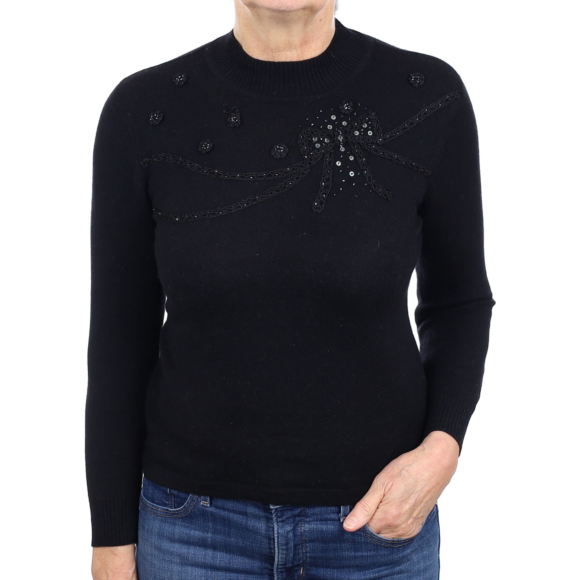 Black Cashmere Embellished Bow Turtleneck Jumper Medium