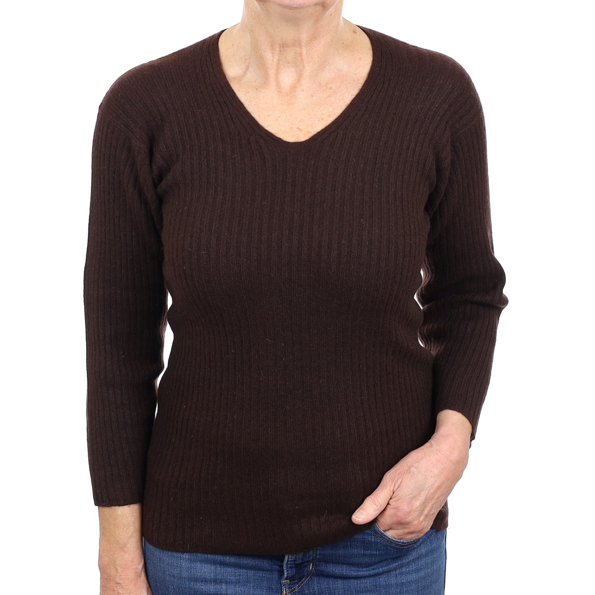 Chocolate Brown Ribbed Cashmere V Neck Jumper Medium