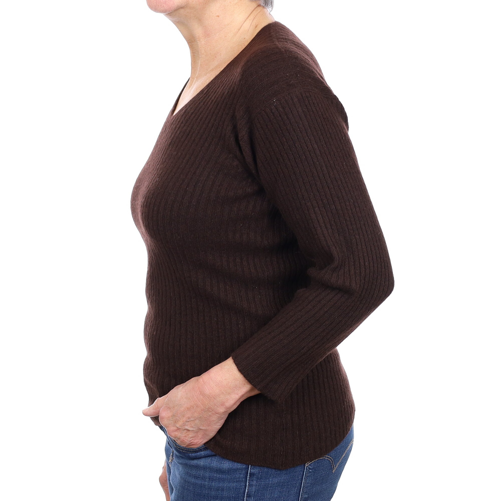 Chocolate Brown Ribbed Cashmere V Neck Jumper Medium