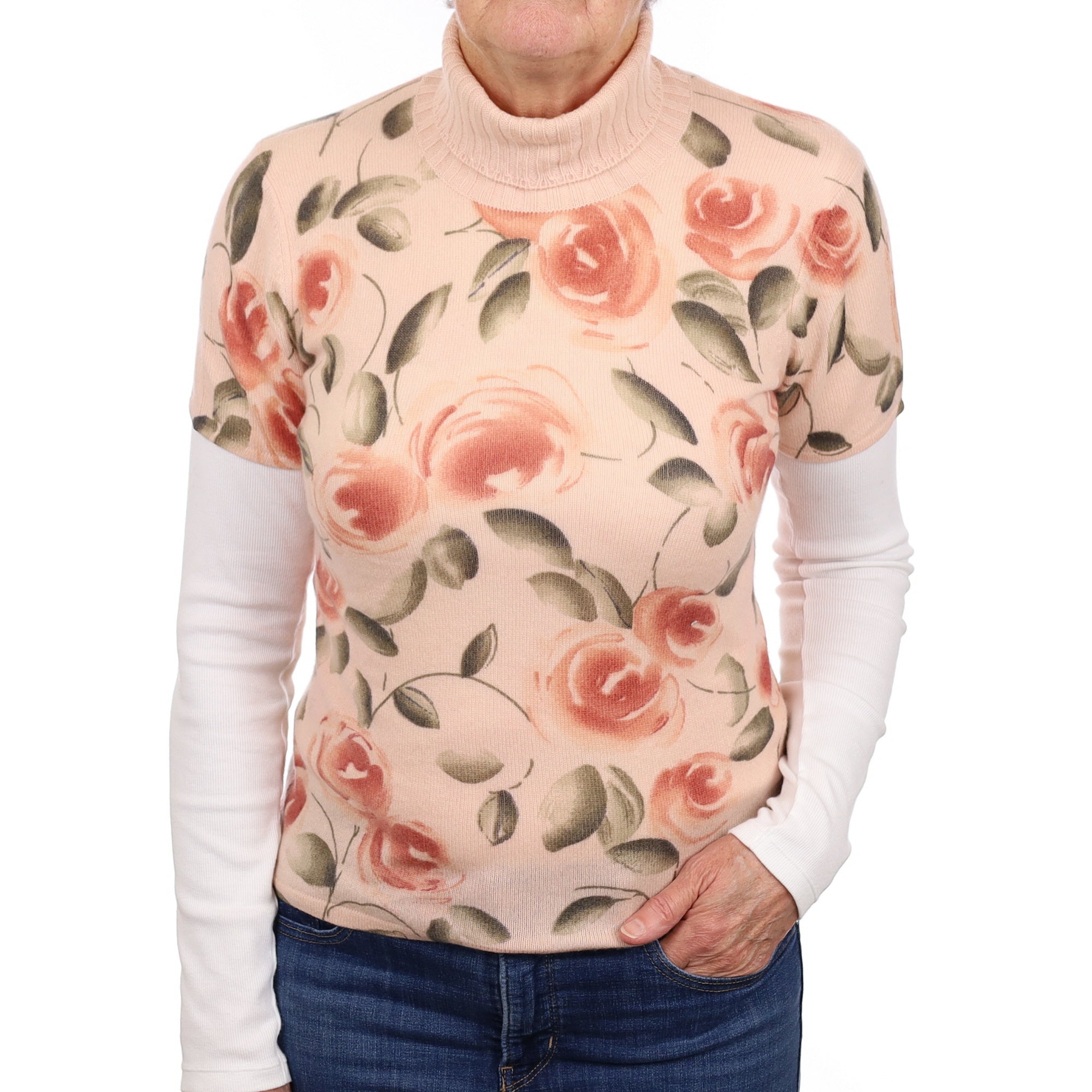 Shell Pink Floral Cashmere Short Sleeve Polo Neck Jumper Medium