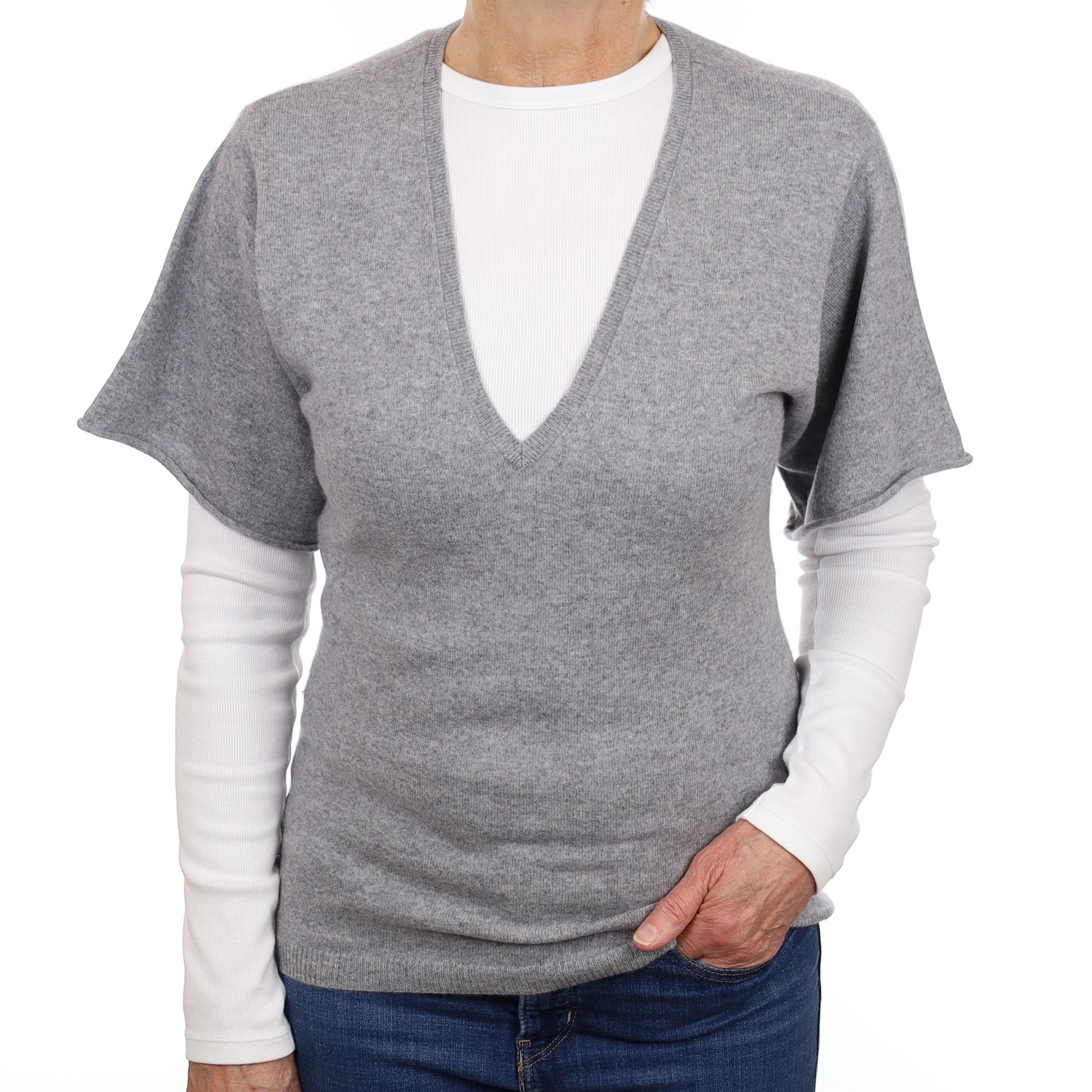 Ash Grey Cashmere Short Sleeve V Neck Jumper Medium