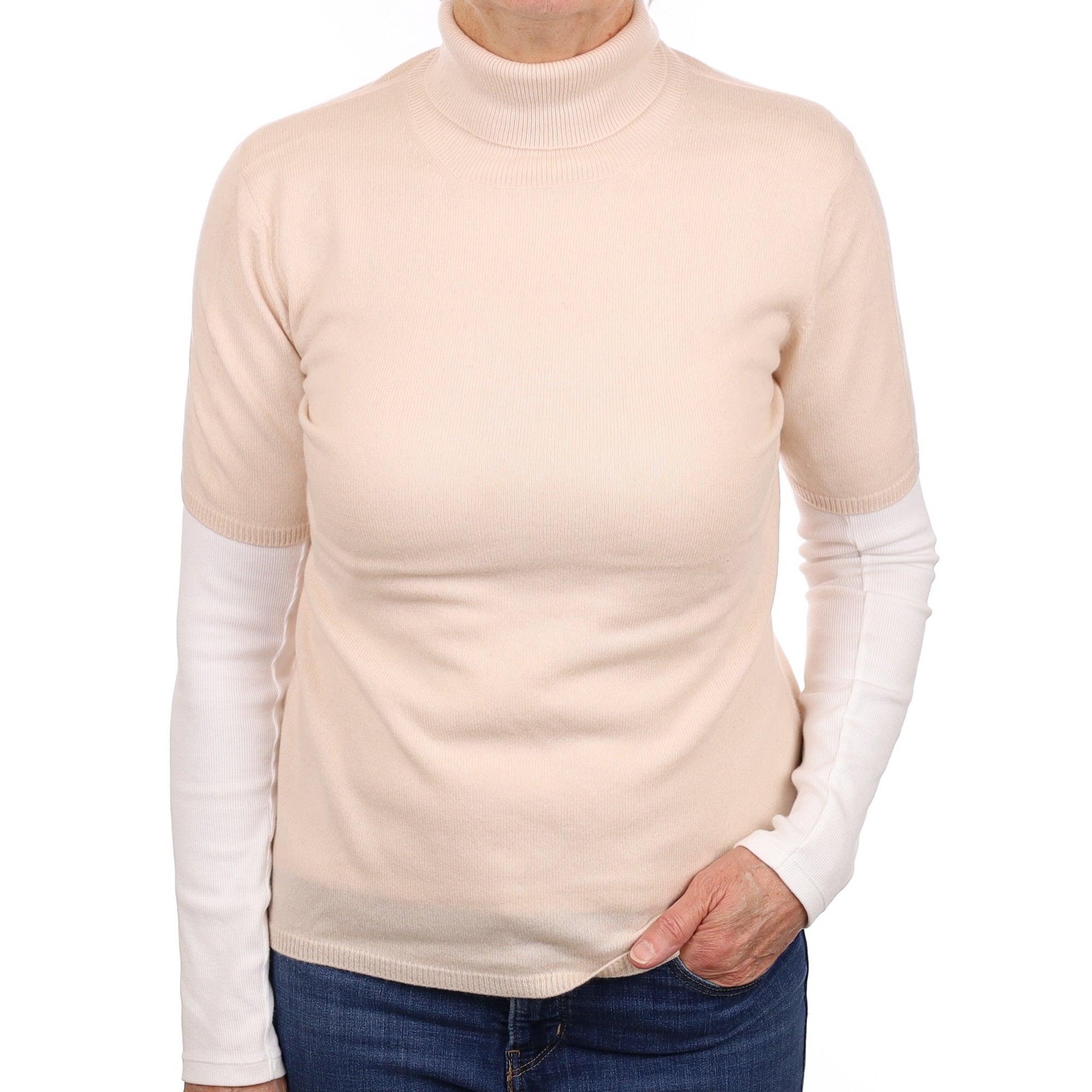 Oyster Pink Cashmere Short Sleeve Polo Neck Jumper Medium