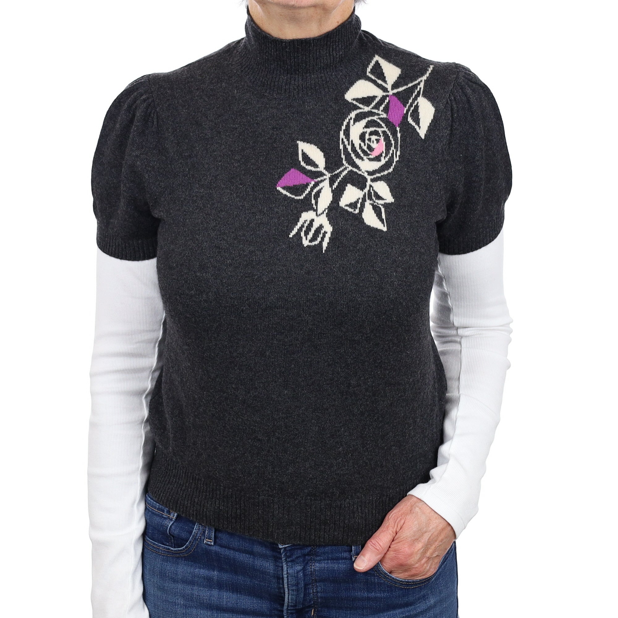 Charcoal Floral Cashmere Short Sleeve Turtleneck Jumper Medium