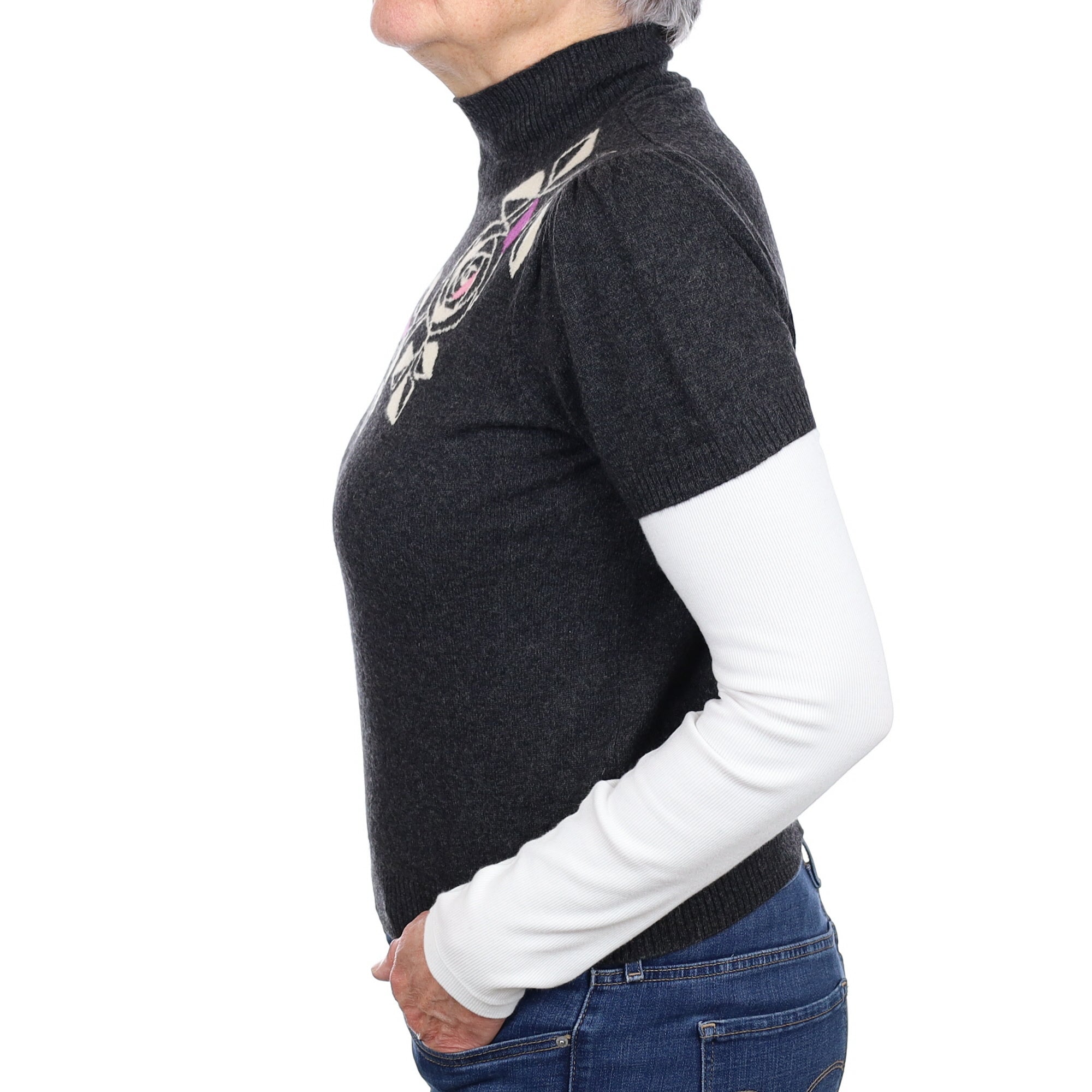 Charcoal Floral Cashmere Short Sleeve Turtleneck Jumper Medium