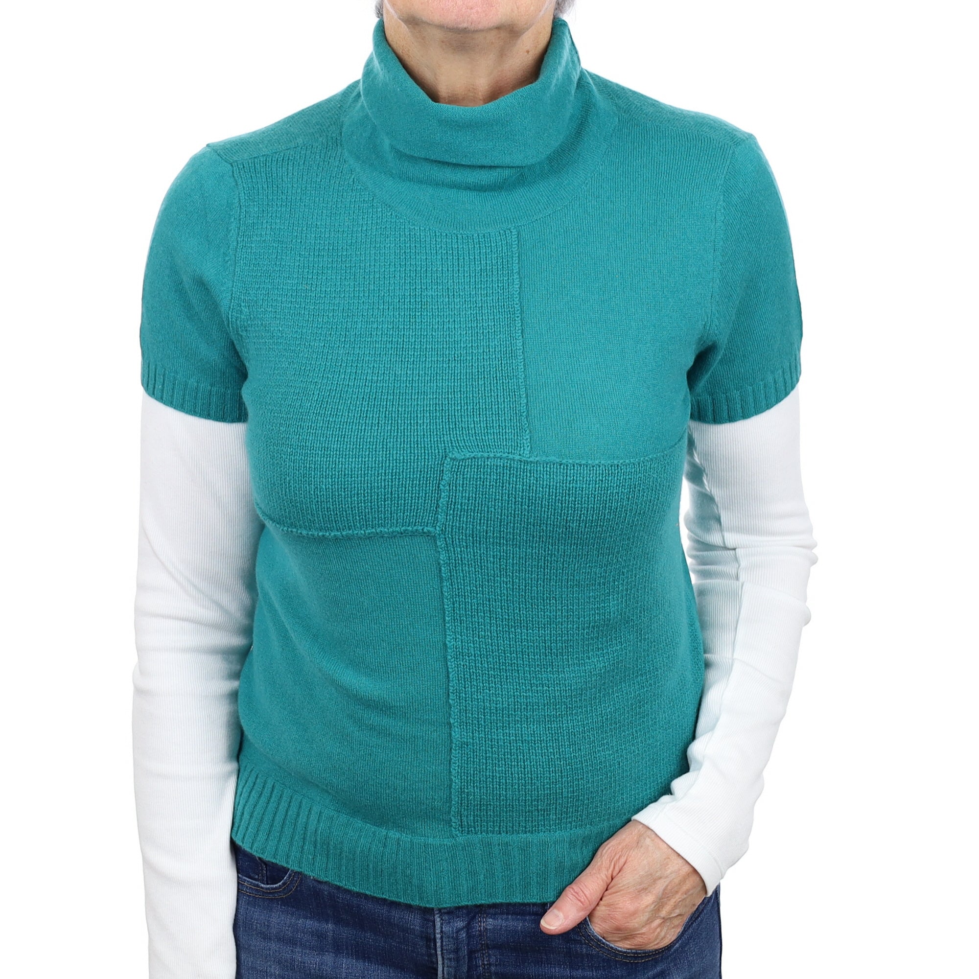 Sea Green Cashmere Short Sleeve Funnel Neck Jumper Medium