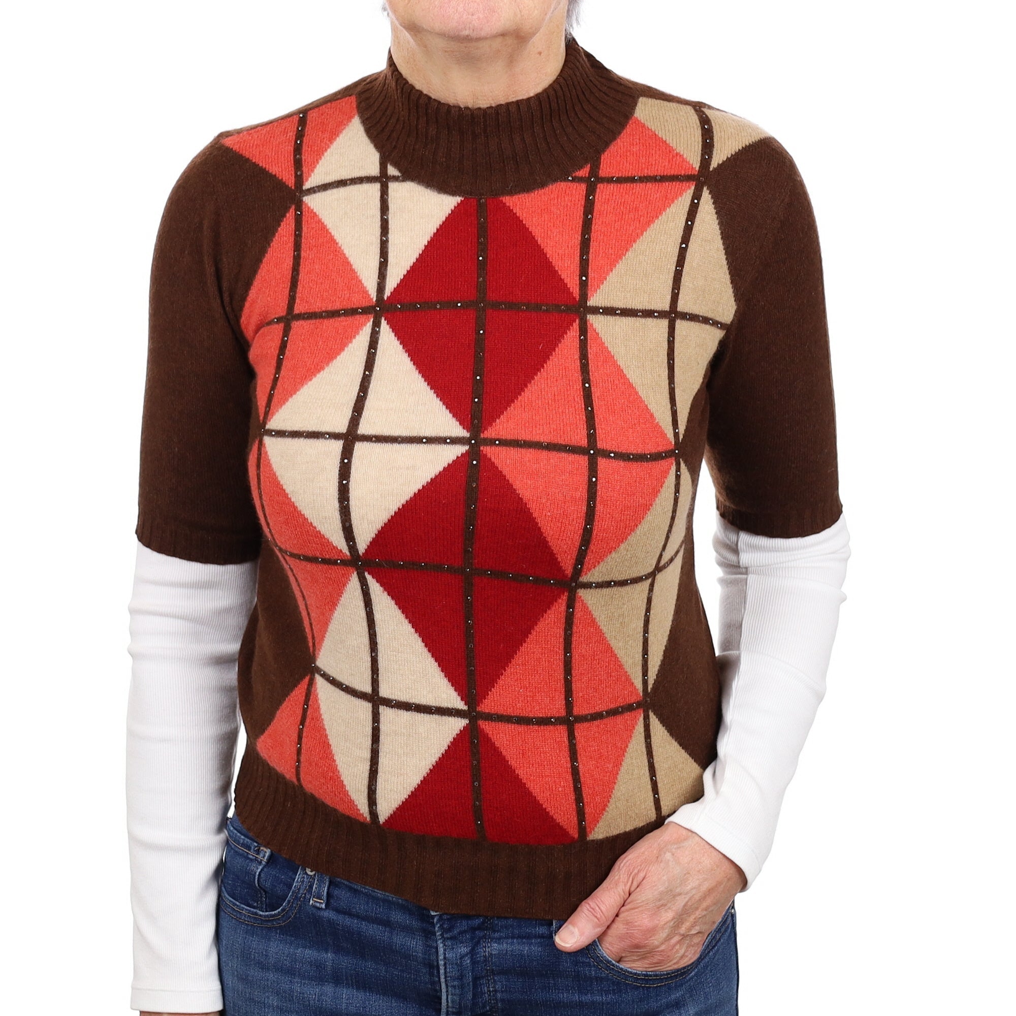 Umber and Orange Patterned Cashmere Short Sleeve Turtleneck Jumper Medium