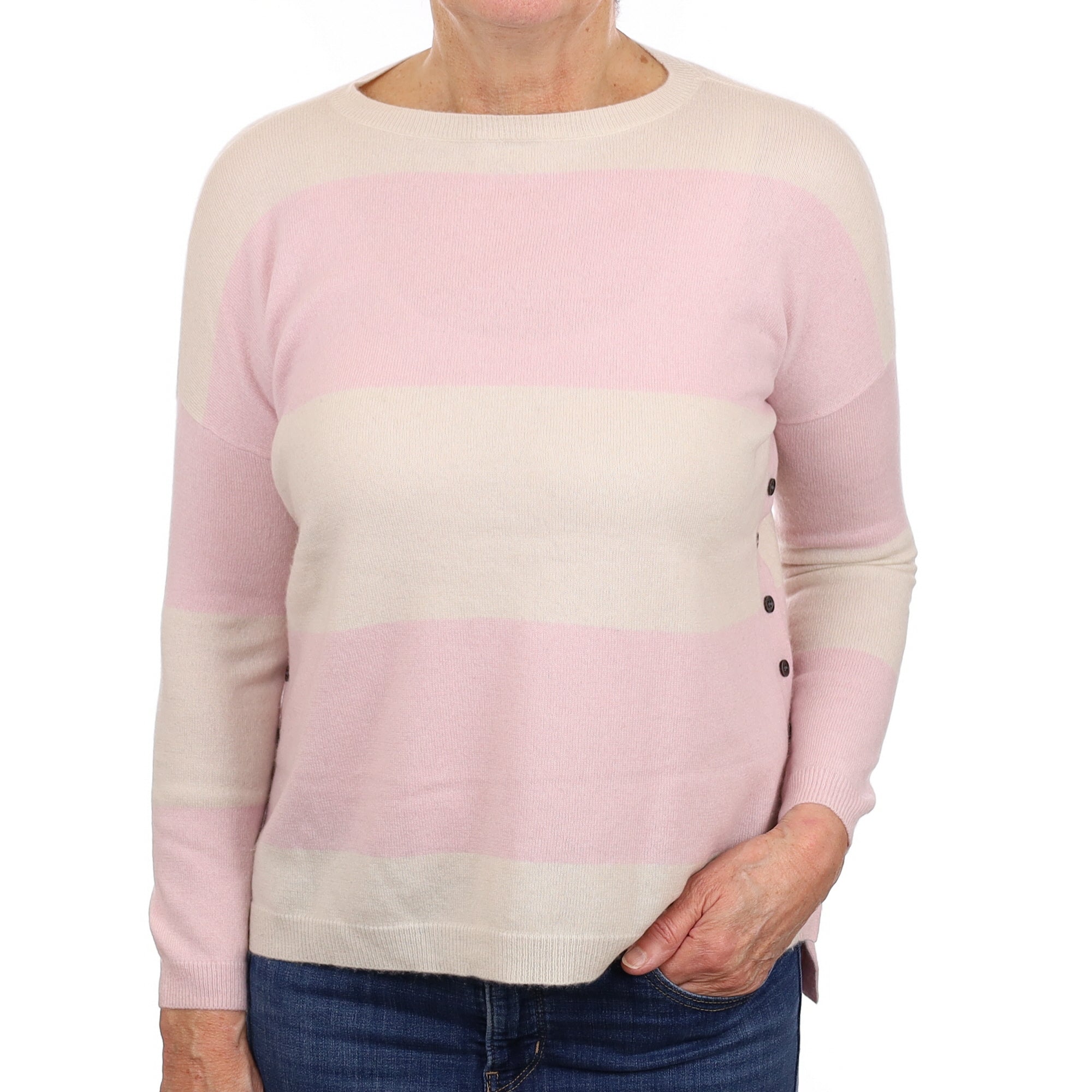 Cocoa Ivory and Pink Striped Cashmere Crew Neck Jumper Medium
