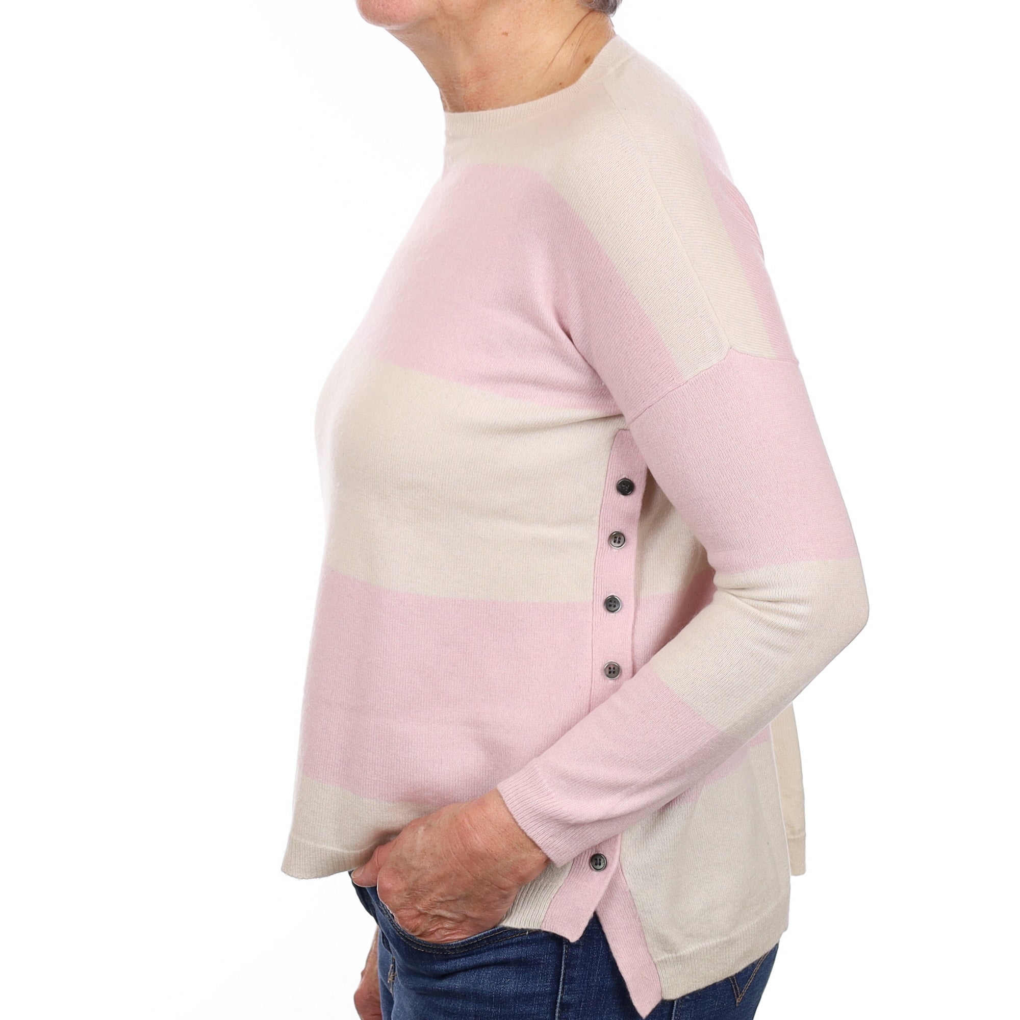 Cocoa Ivory and Pink Striped Cashmere Crew Neck Jumper Medium