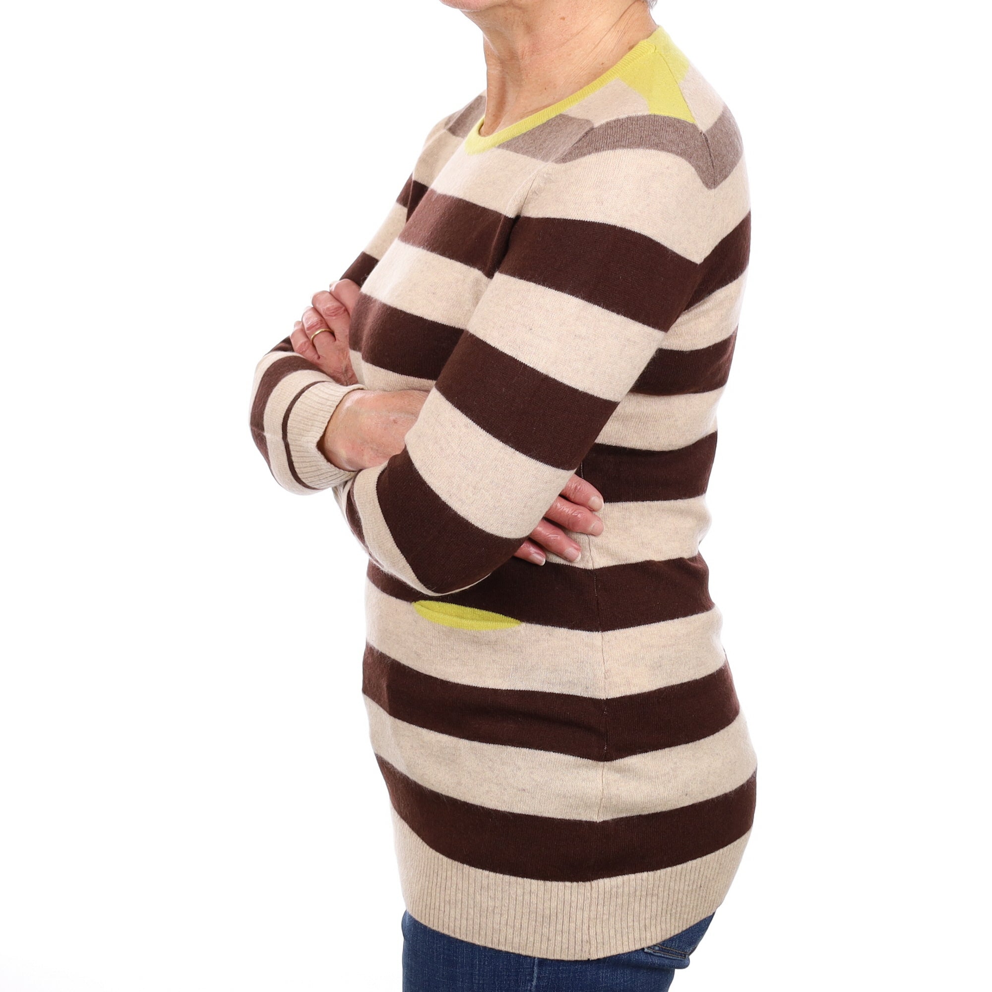 Oatmeal And Chocolate Striped Cashmere Longline Crew Neck Jumper Medium