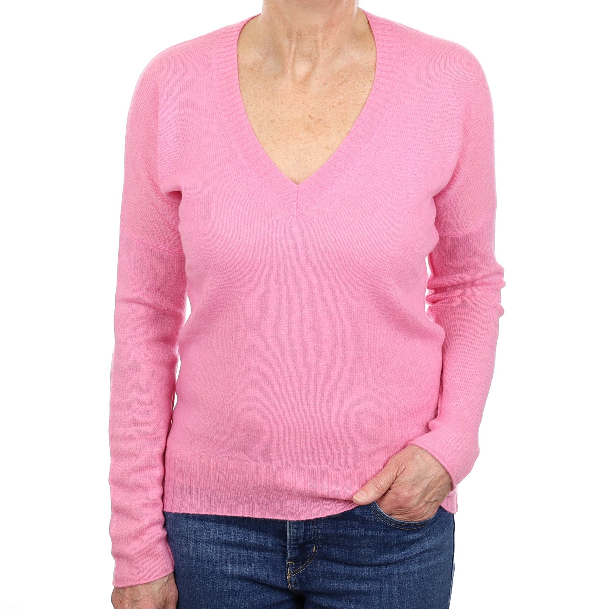 Bubble Gum Pink Cashmere Batwing V Neck Jumper Medium
