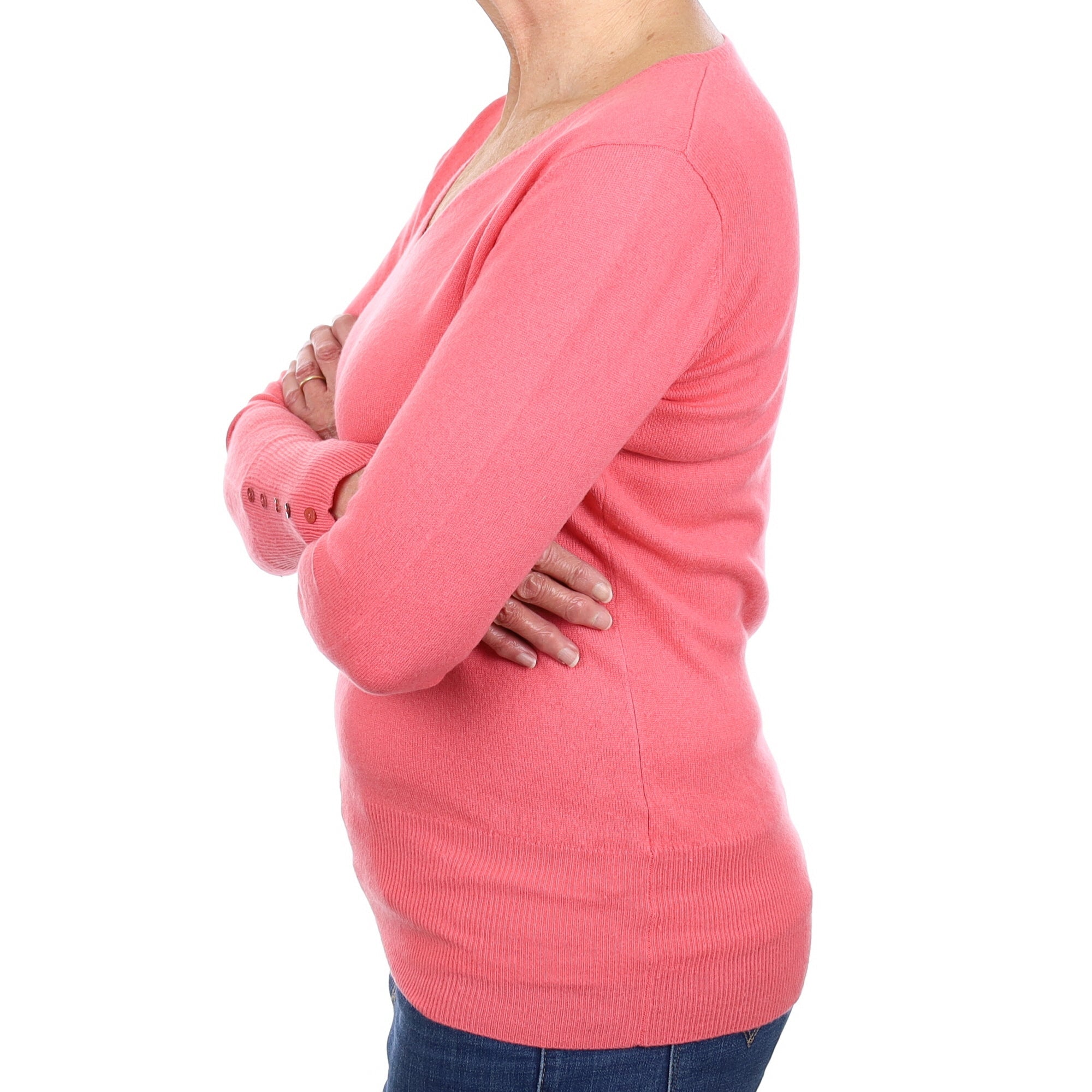 Flamingo Pink Cashmere Button Sleeved V Neck Jumper Medium