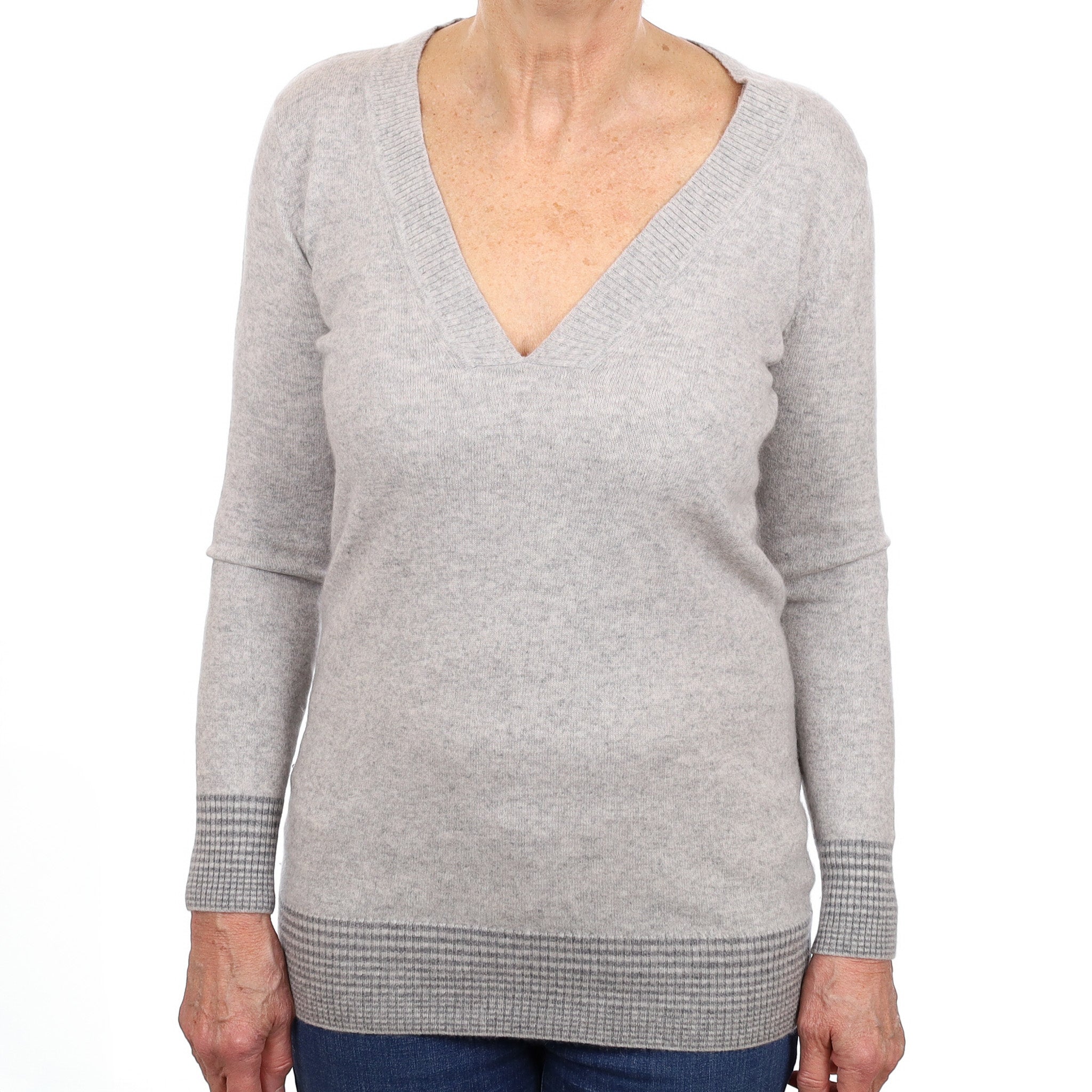 Mist Grey Cashmere Longline V Neck Jumper Medium