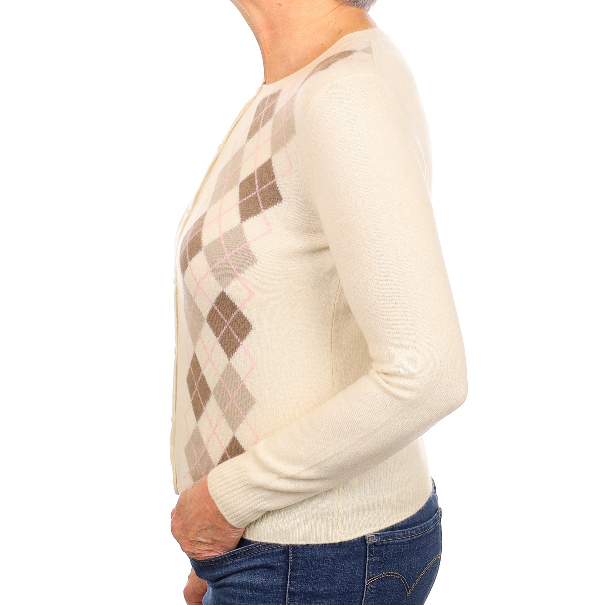 Cream and Mocha Argyle Cashmere Cardigan Medium