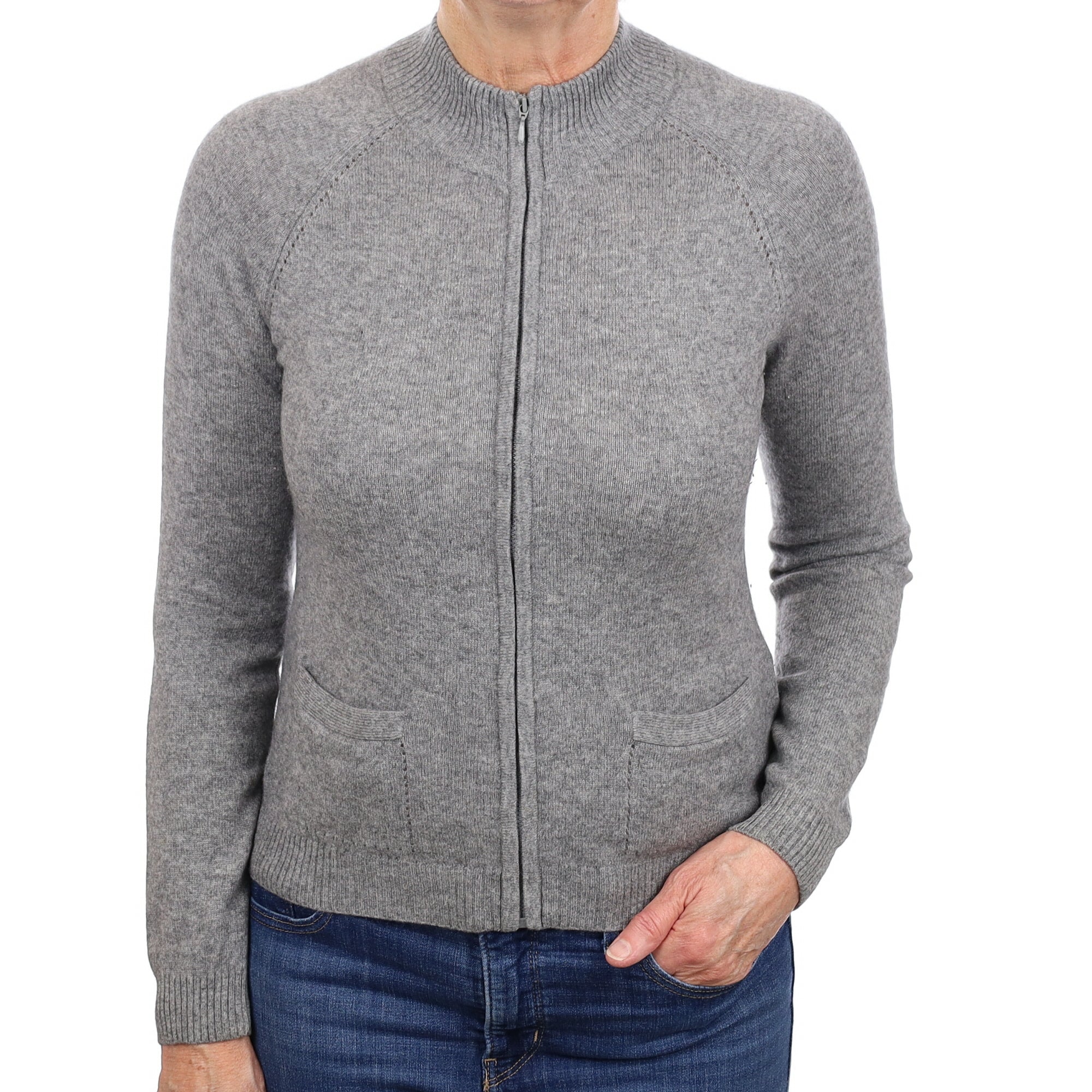 Ash Grey Cashmere Zip Up Turtle Neck Cardigan Medium
