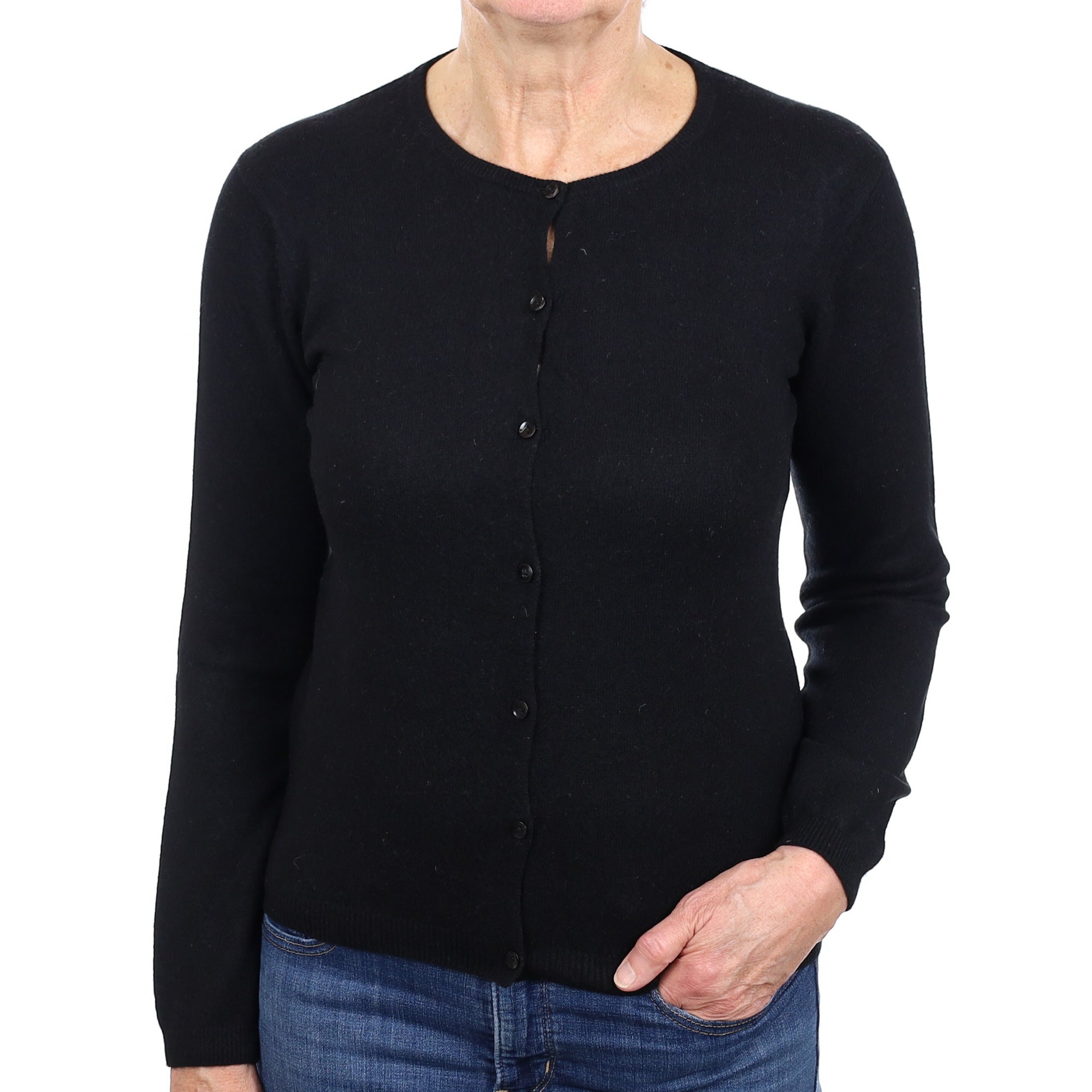 Black Cashmere Crew Neck Cardigan Medium