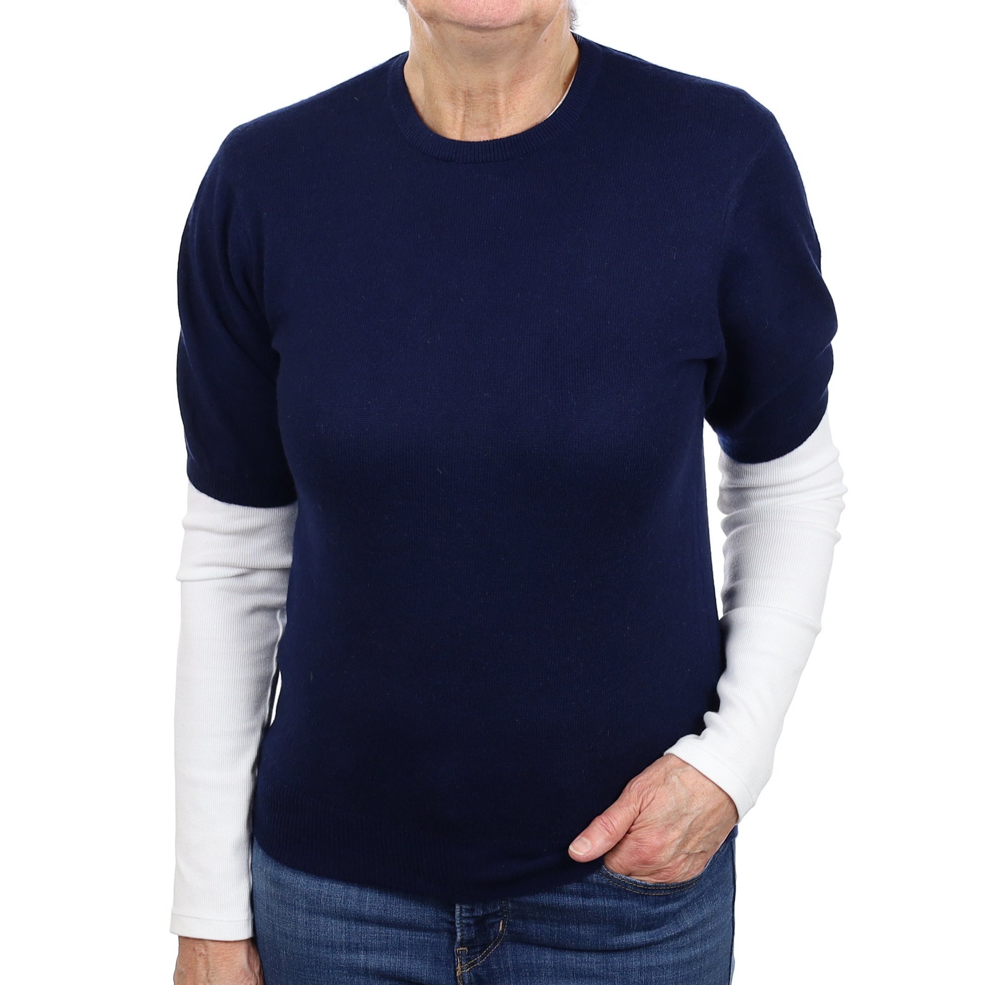 Navy Blue Cashmere Short Sleeved Crew Neck Jumper Medium