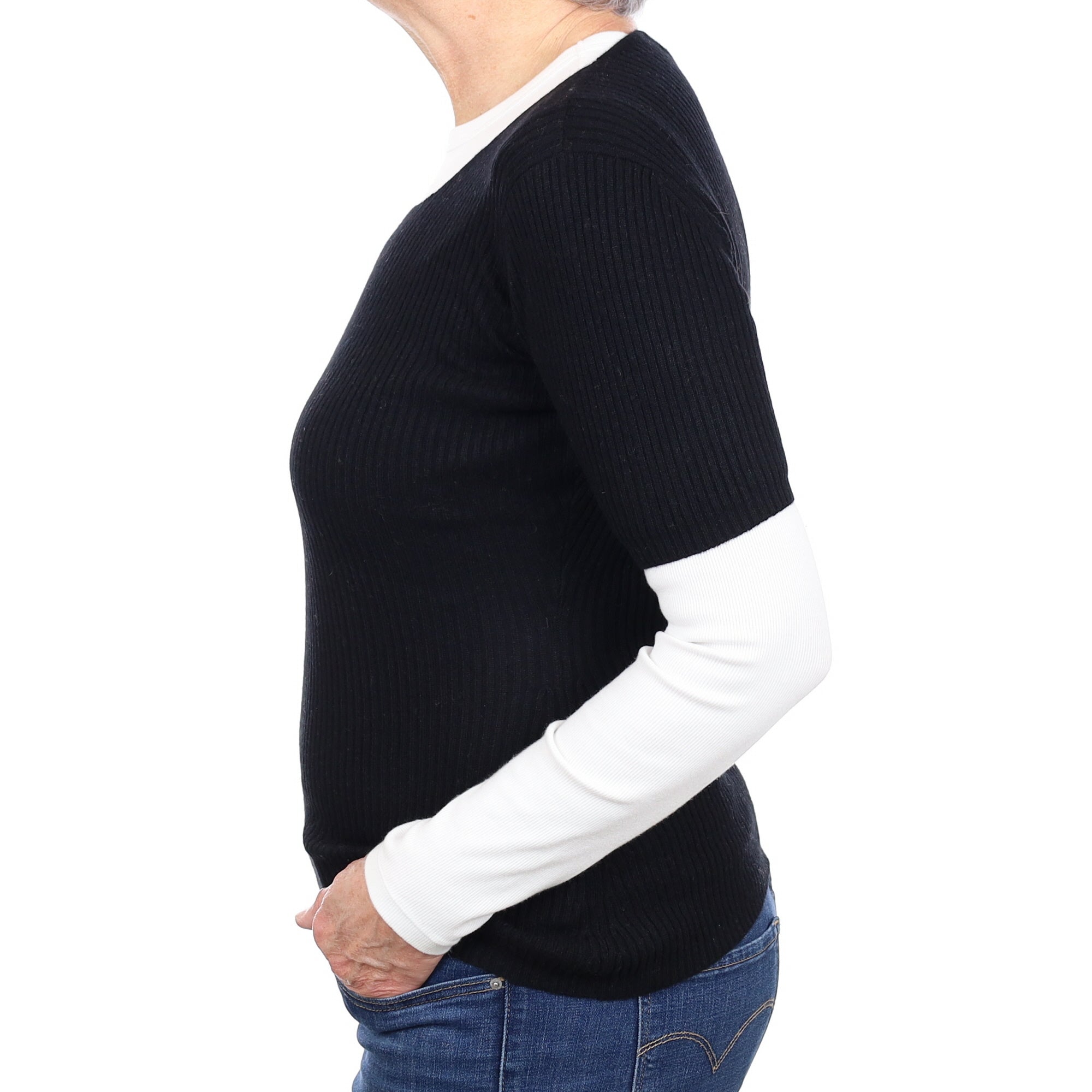 Black Ribbed Cashmere Short Sleeved Square Neck Jumper Medium