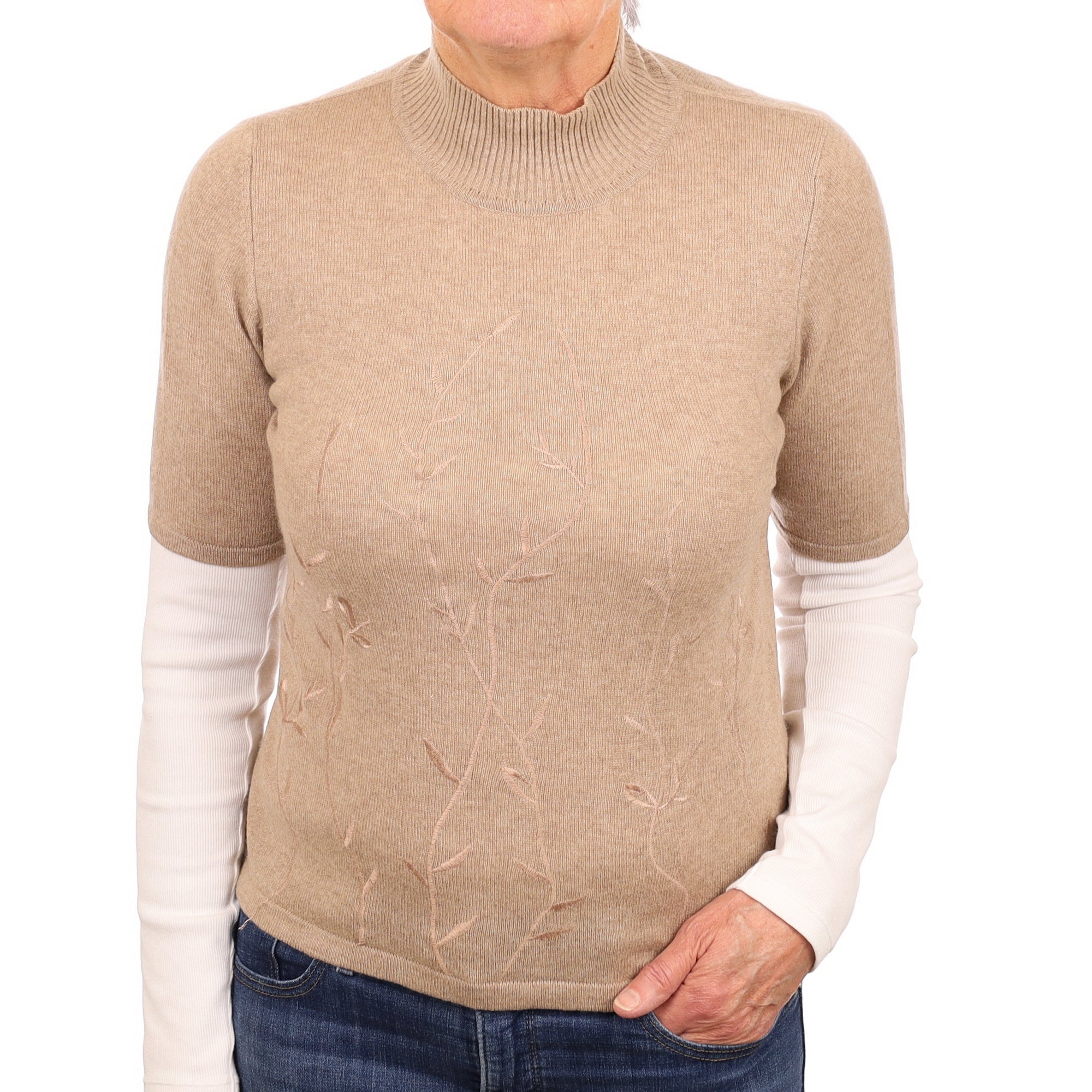 Mocha Brown Embroidered Leaves Cashmere Short Sleeved Turtleneck Jumper Medium