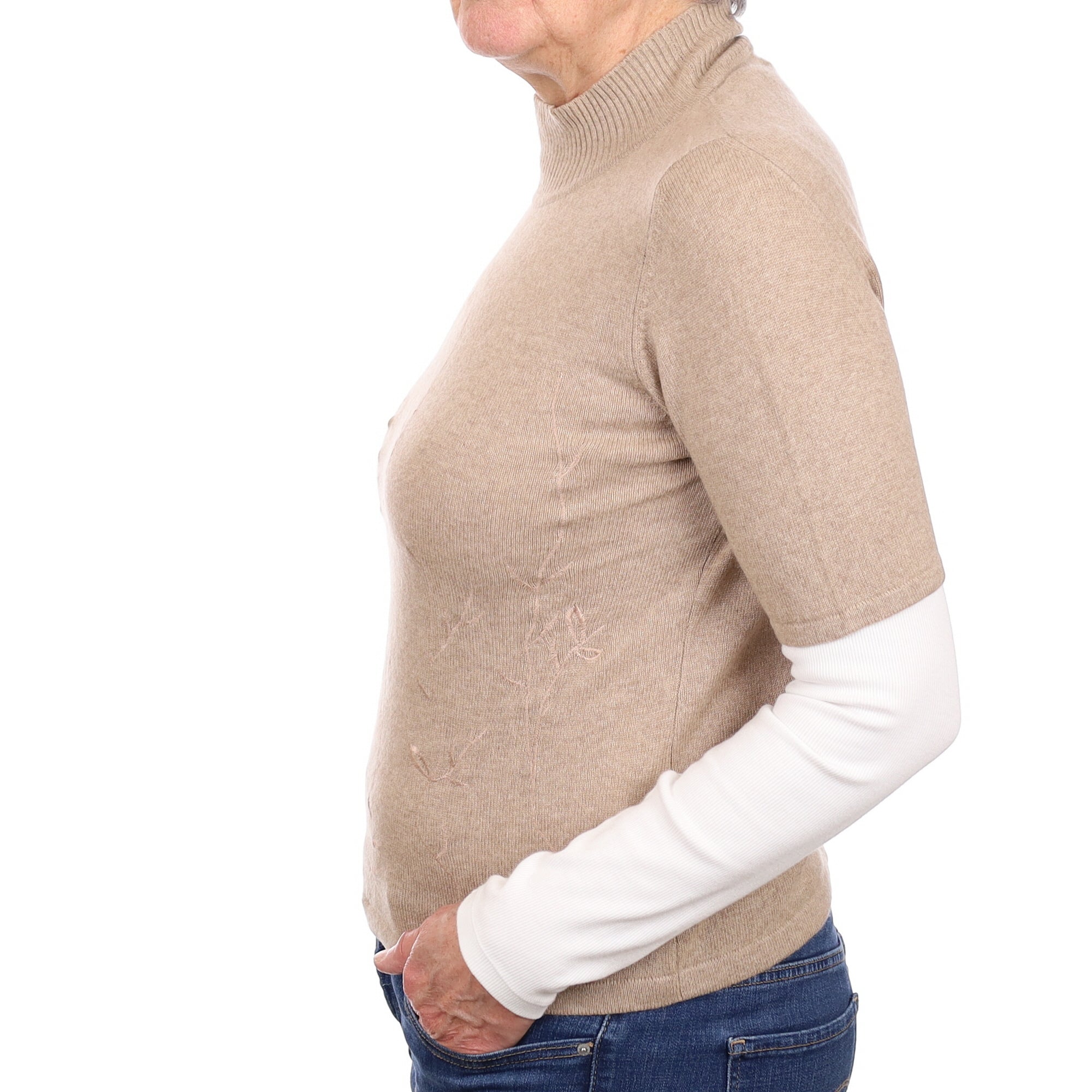 Mocha Brown Embroidered Leaves Cashmere Short Sleeved Turtleneck Jumper Medium