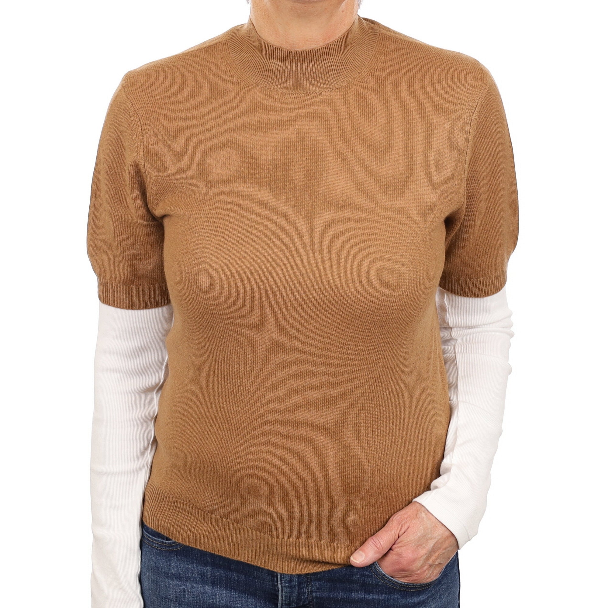 Toffee Brown Cashmere Short Sleeved Turtleneck Jumper Medium