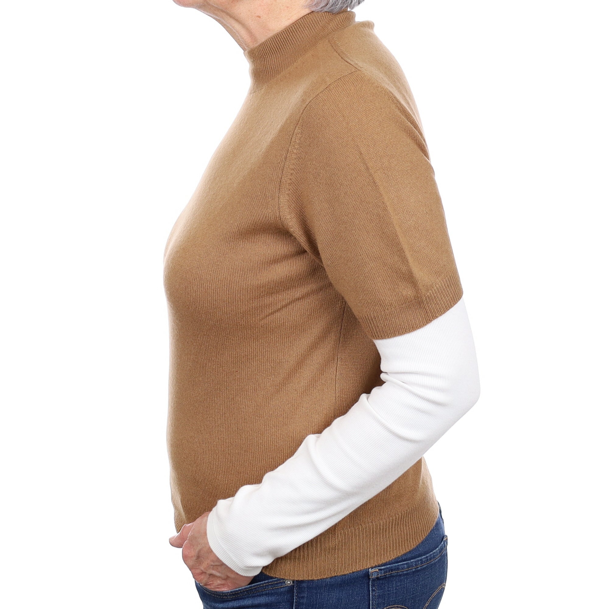 Toffee Brown Cashmere Short Sleeved Turtleneck Jumper Medium