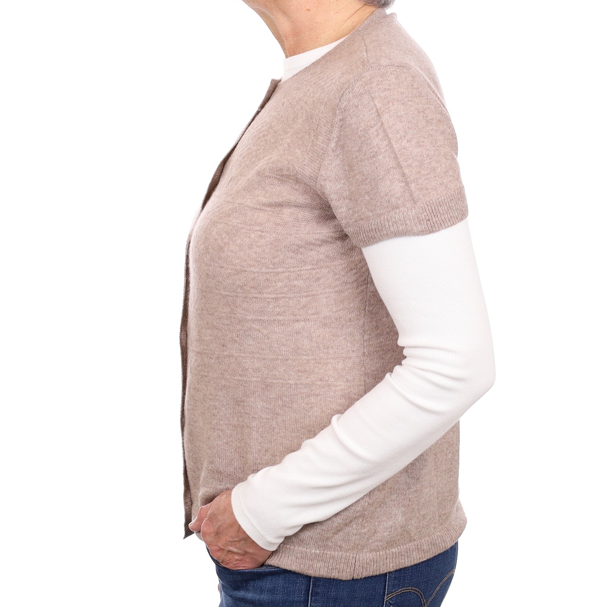 Mink Textured Cashmere Short Sleeved Cardigan Medium