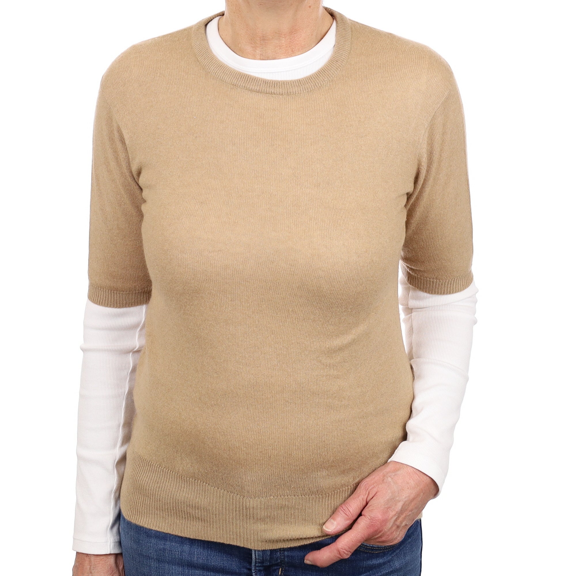 Camel Brown Cashmere Short Sleeved Crew Neck Jumper Medium