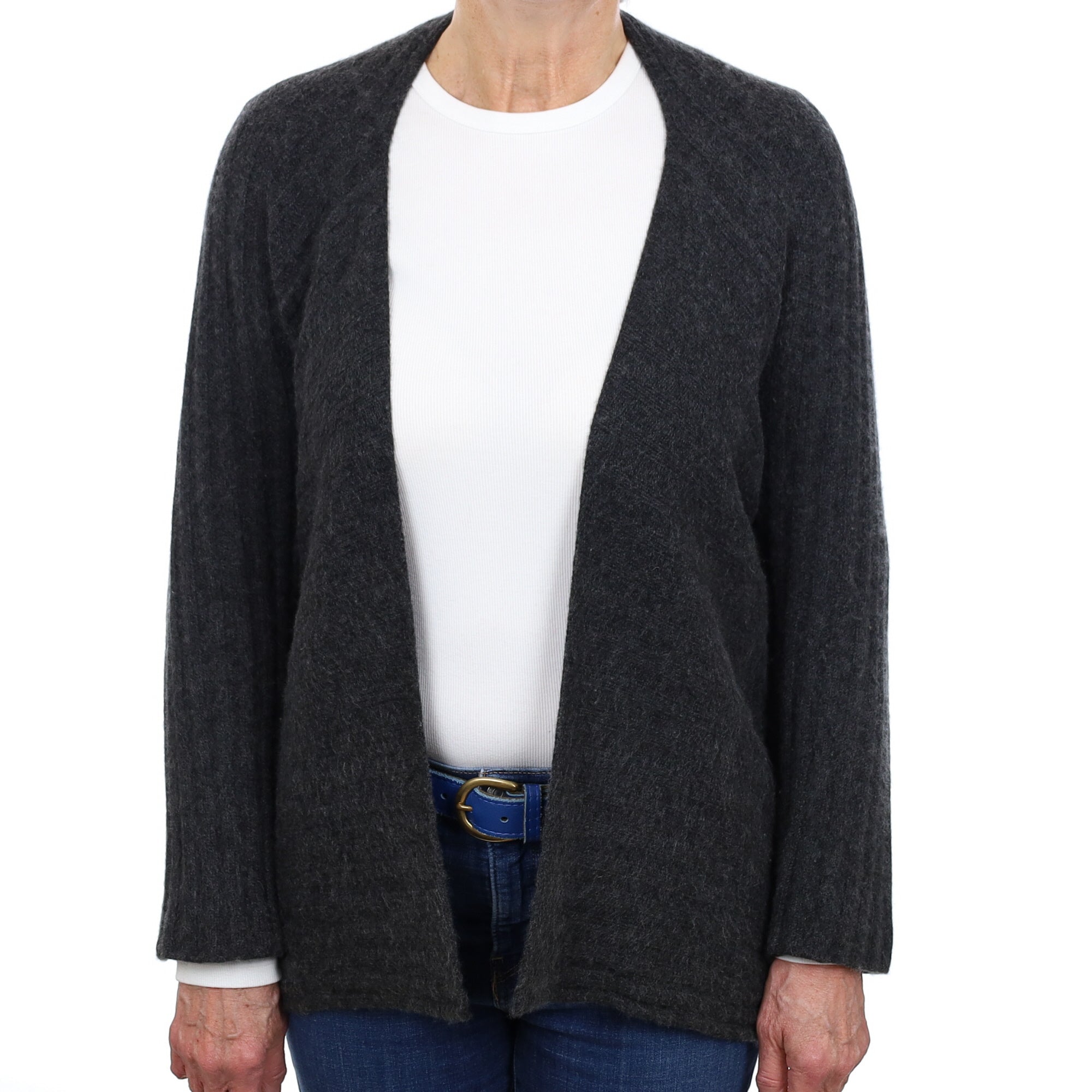 Charcoal Grey Rib Cashmere Edge to Edge Cardigan Medium