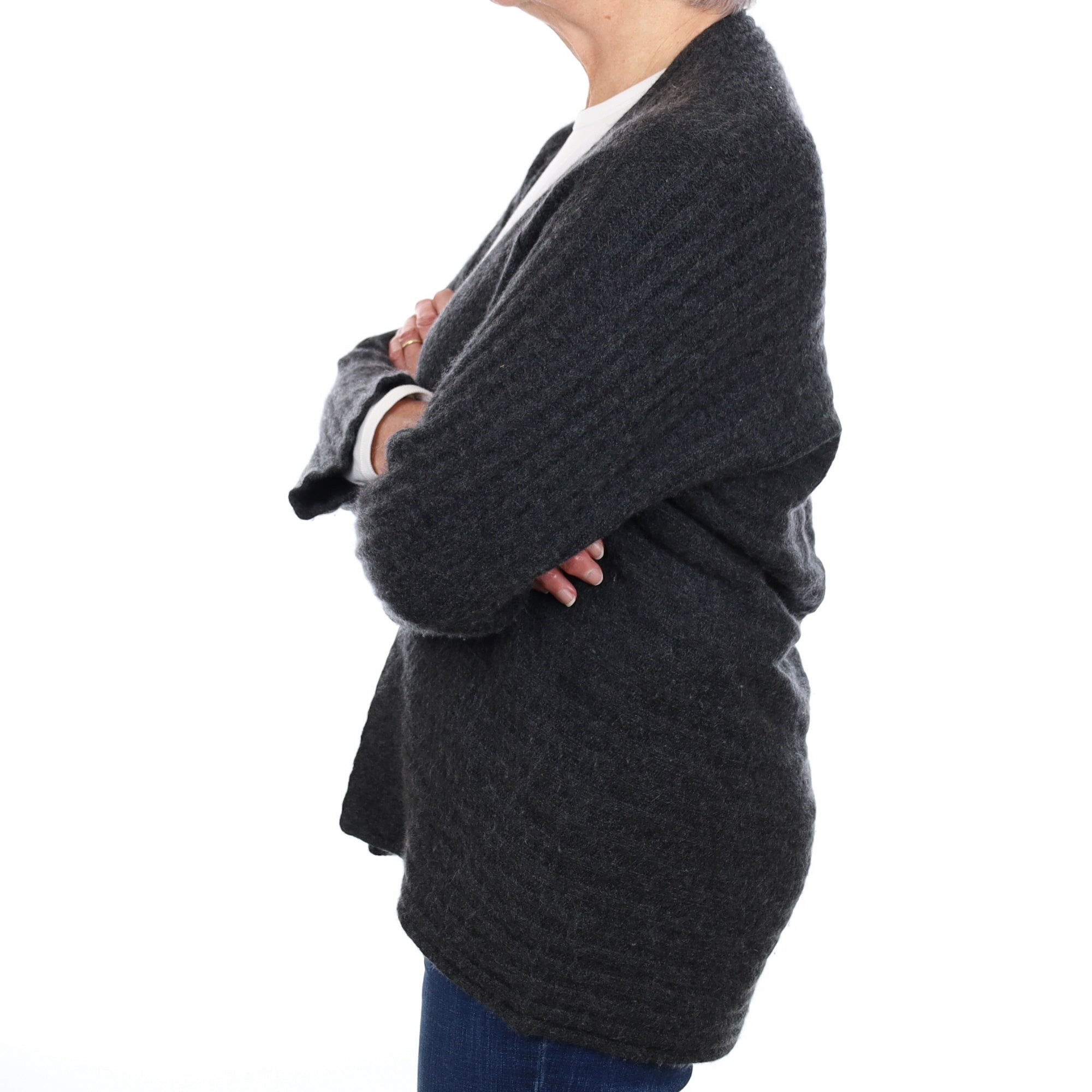 Charcoal Grey Rib Cashmere Edge to Edge Cardigan Medium