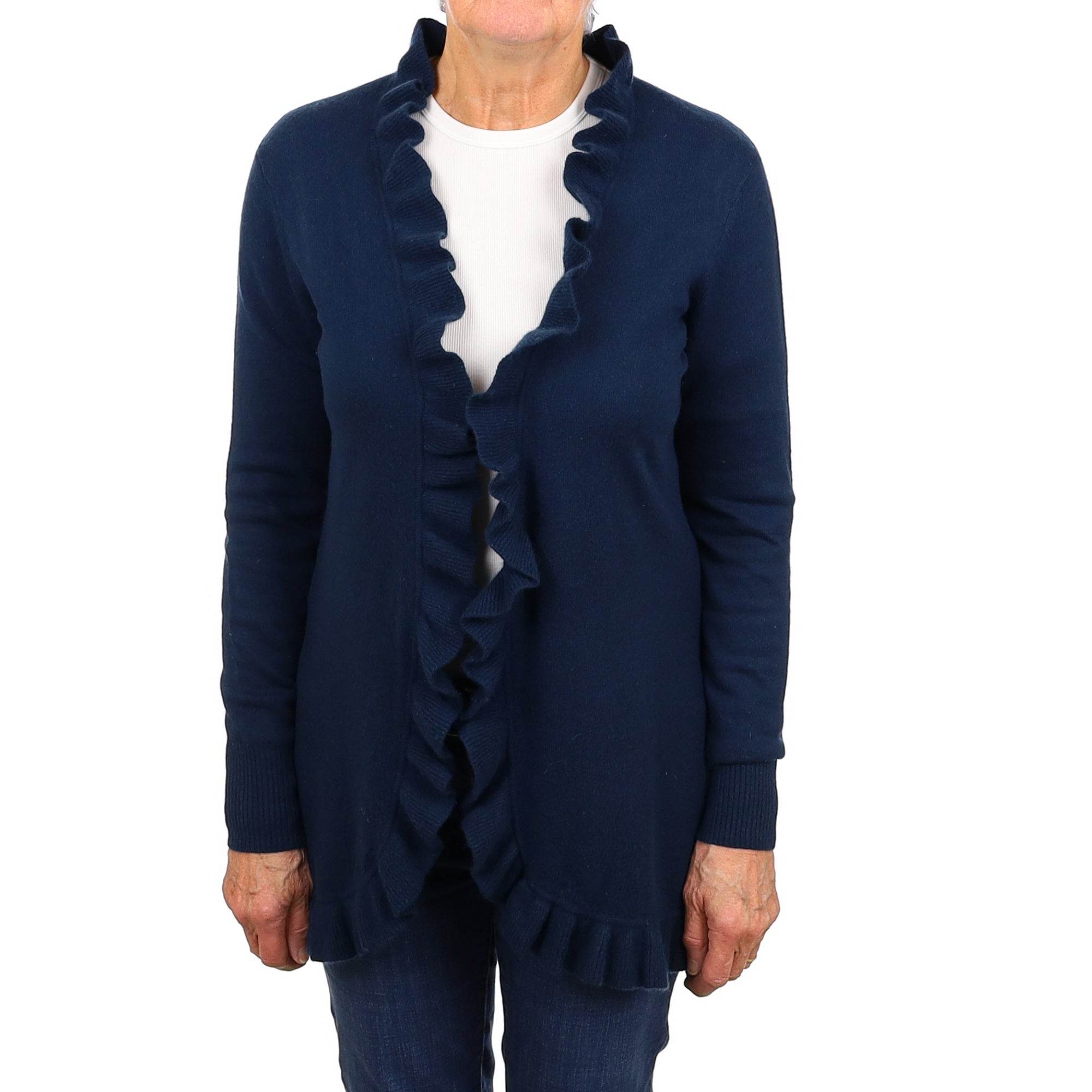 Petrol Blue Cashmere Frill Trim Edge to Edge Cardigan Medium