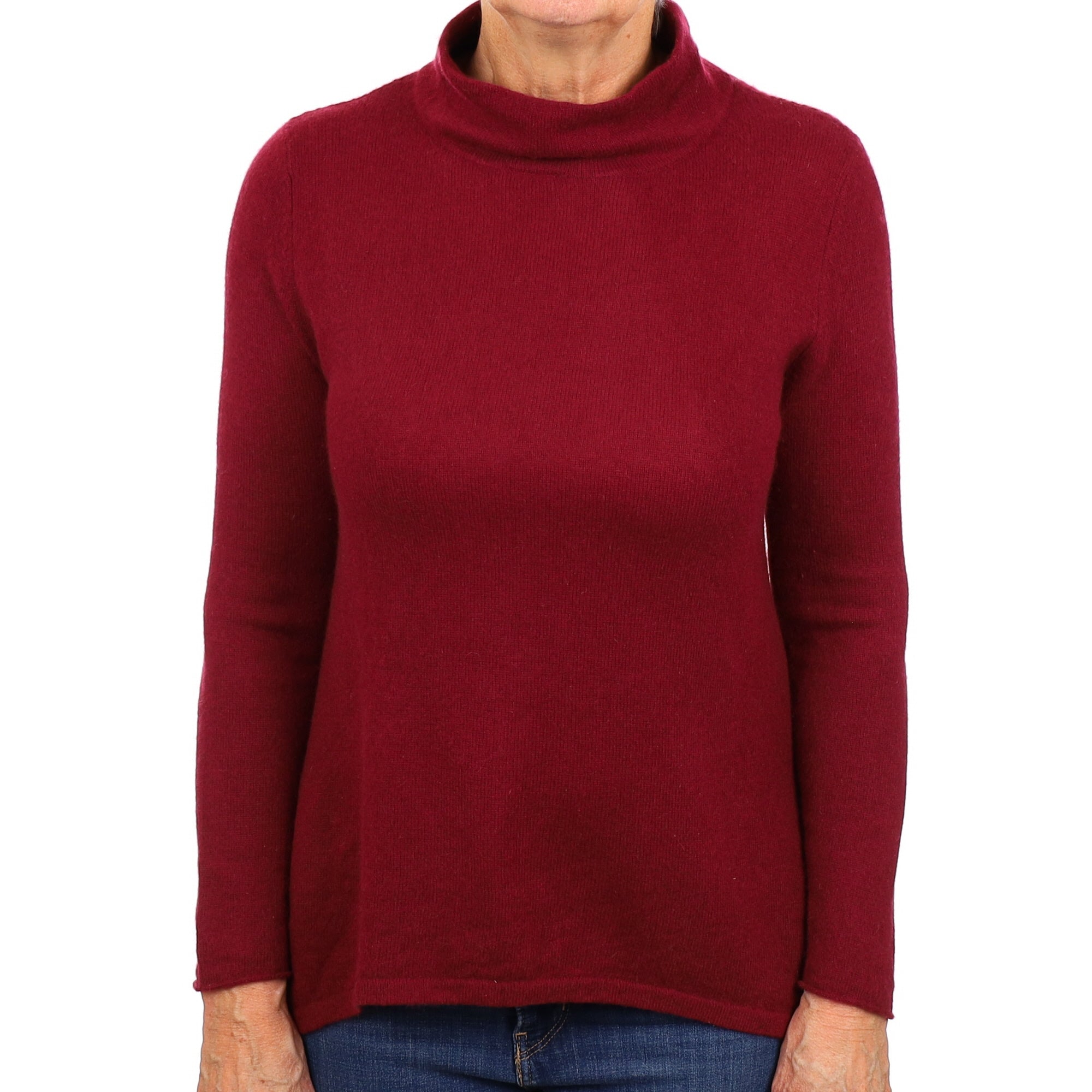 Burgundy Red Cashmere Flared Hem Funnel Neck Jumper Medium