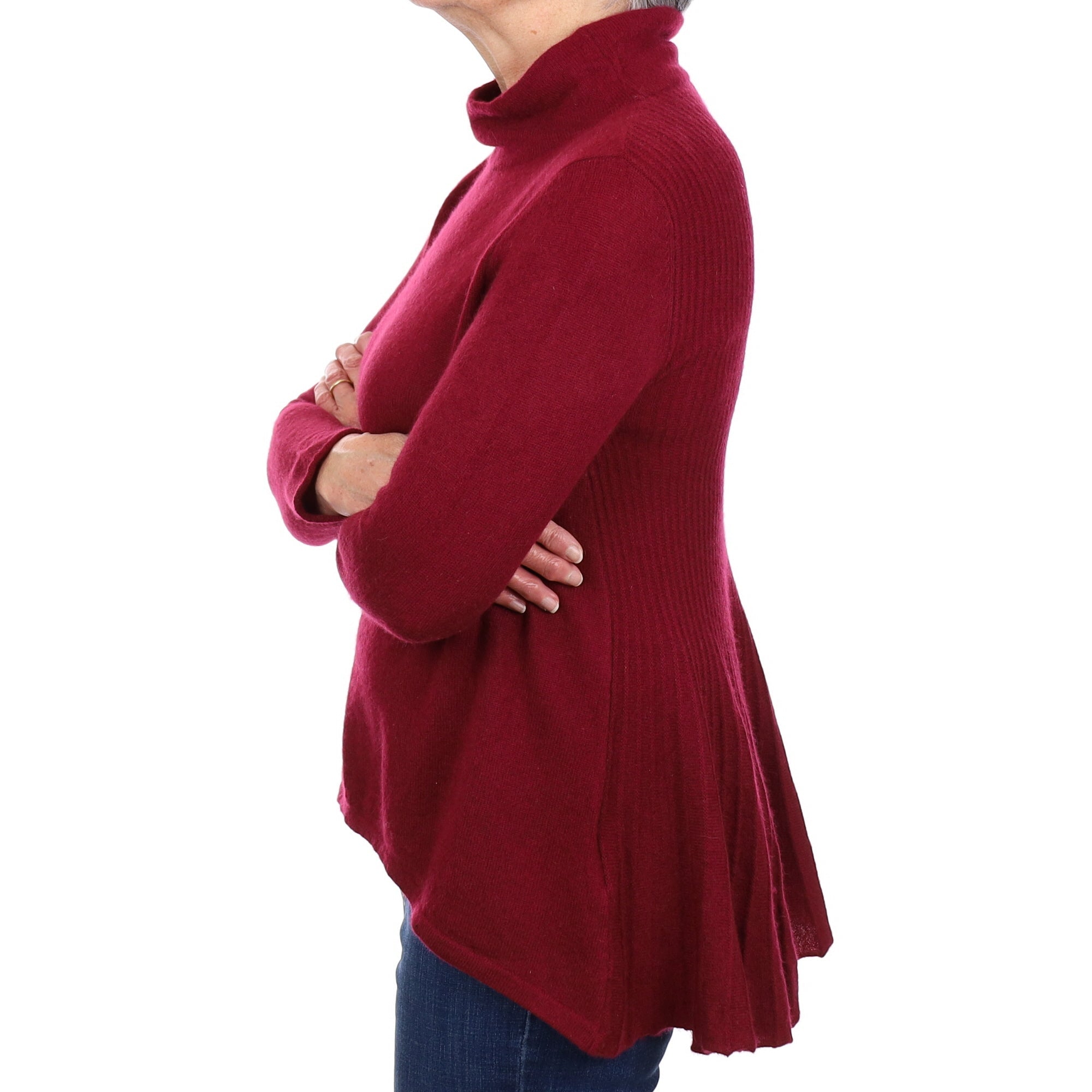 Burgundy Red Cashmere Flared Hem Funnel Neck Jumper Medium