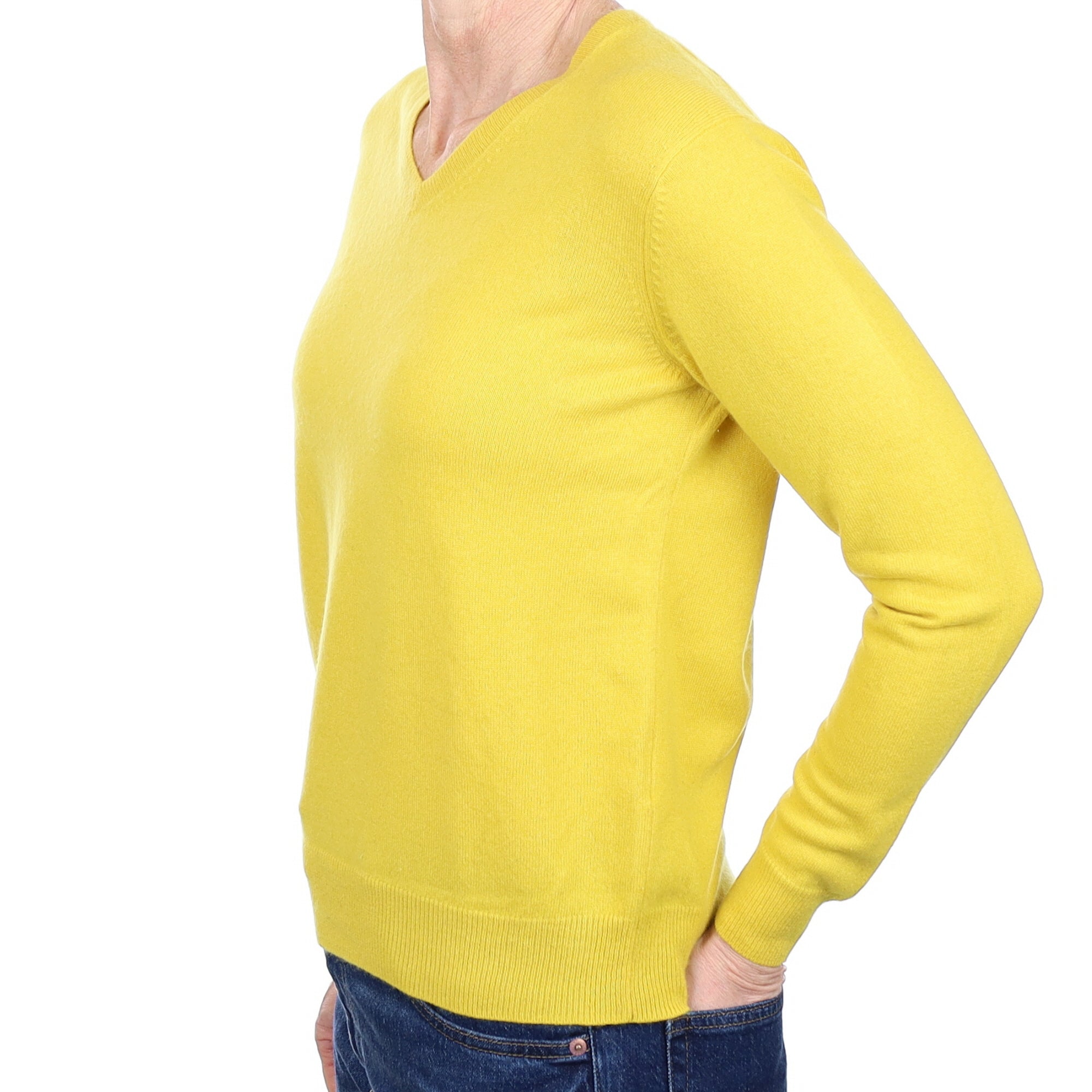 Mustard Yellow Cashmere V Neck Jumper Small