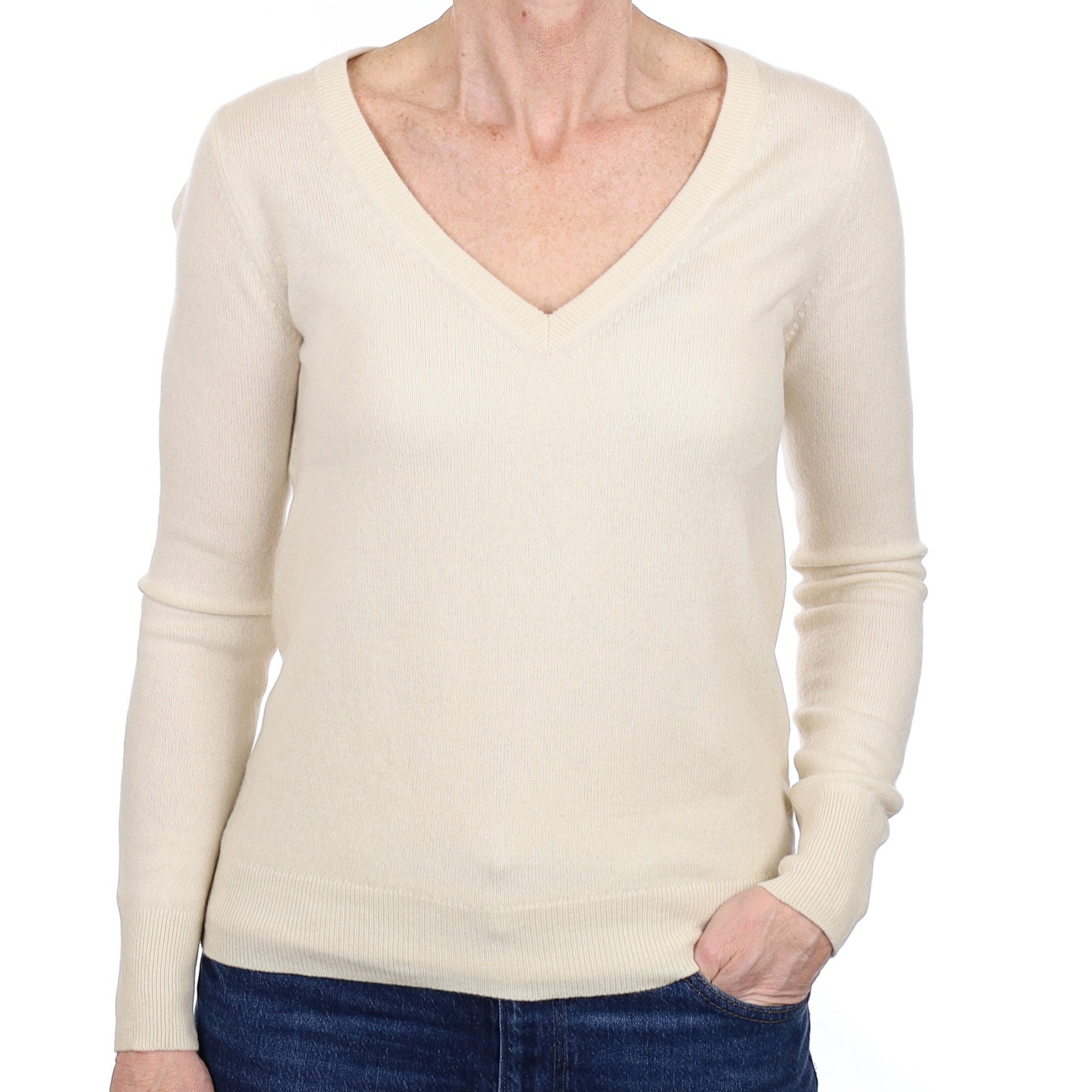 Vanilla Cream Cashmere V Neck Jumper Small
