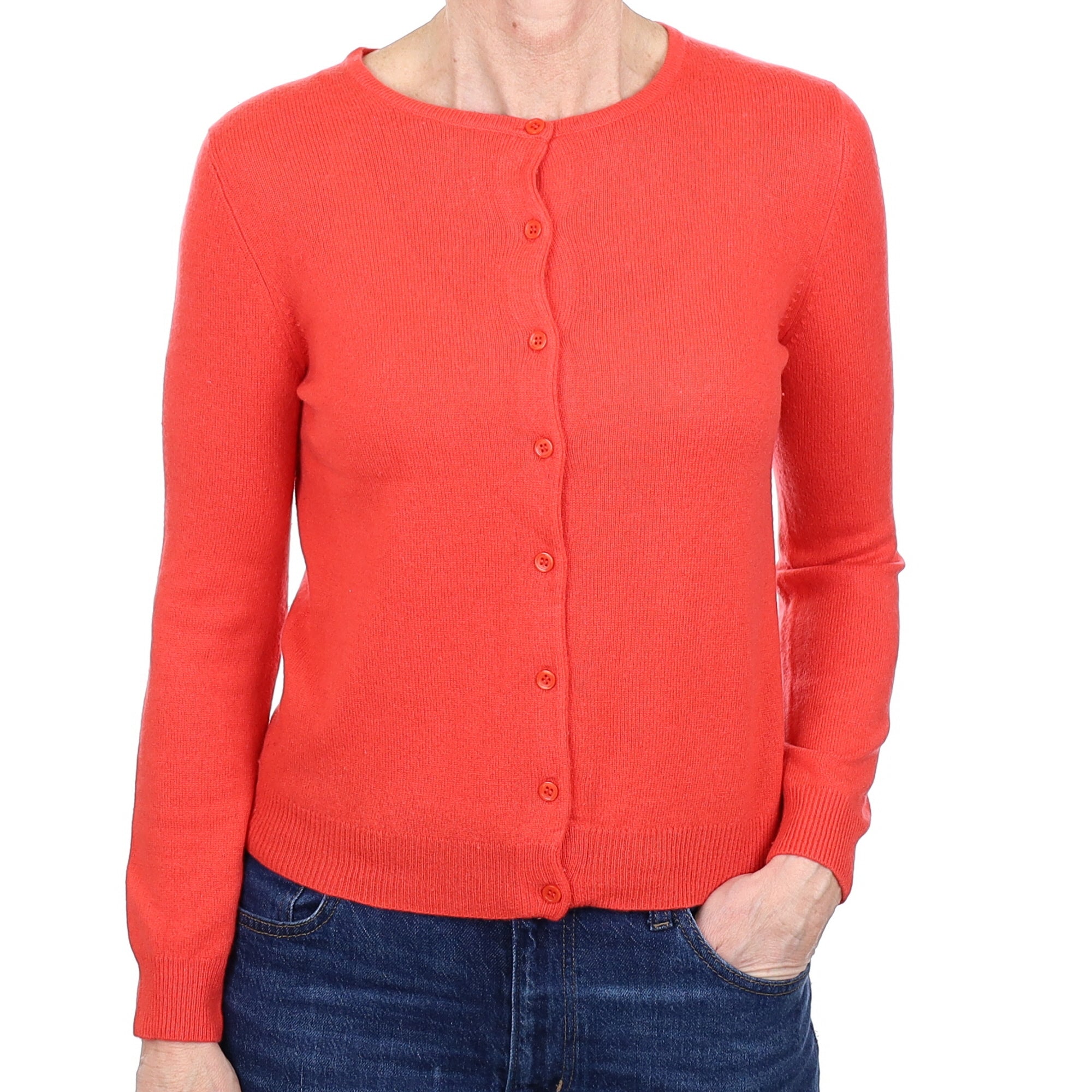 Coral Orange Cashmere Crew Neck Cardigan Small