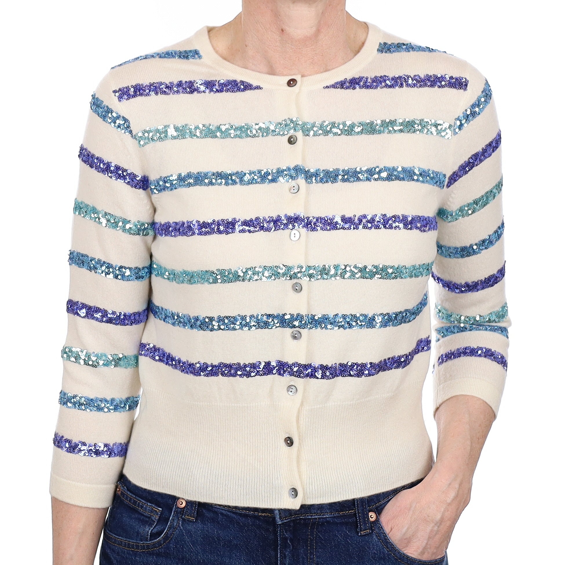 Cream Sequin Stripe Cashmere 3/4 Sleeve Crew Neck Cardigan Small