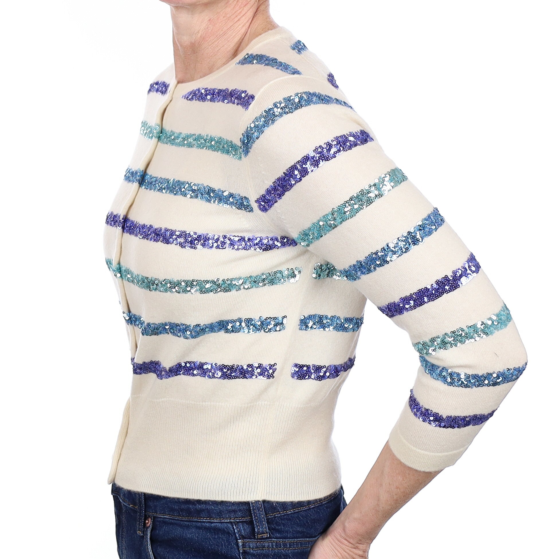 Cream Sequin Stripe Cashmere 3/4 Sleeve Crew Neck Cardigan Small