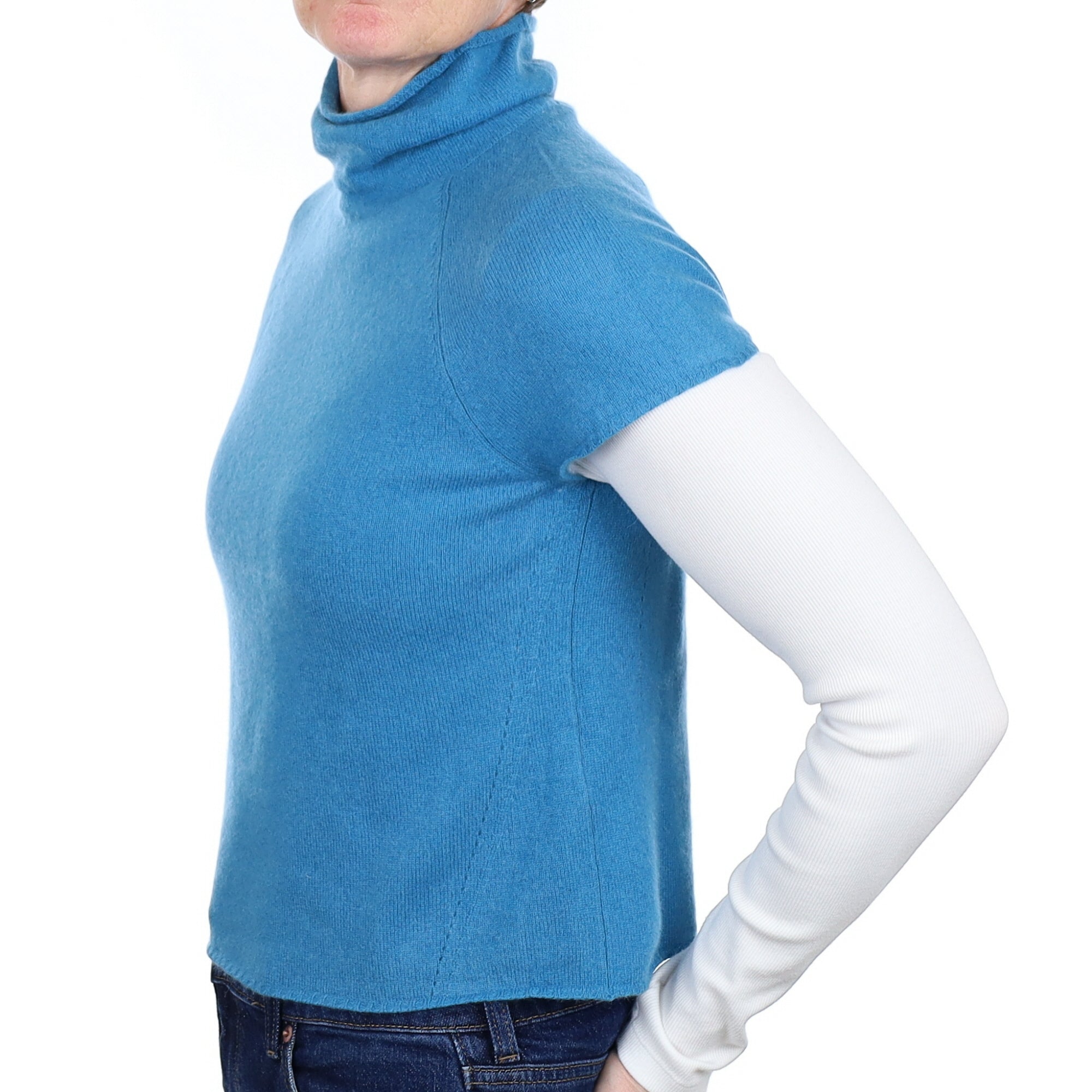 Teal Blue Cashmere Short Sleeved Polo Neck Jumper Small