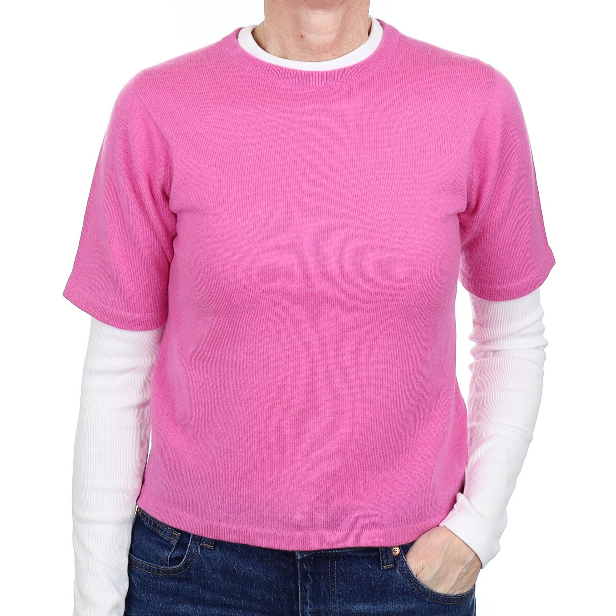 Scottish Sweet Pea Pink Cashmere Short Sleeved Turtleneck Jumper Small