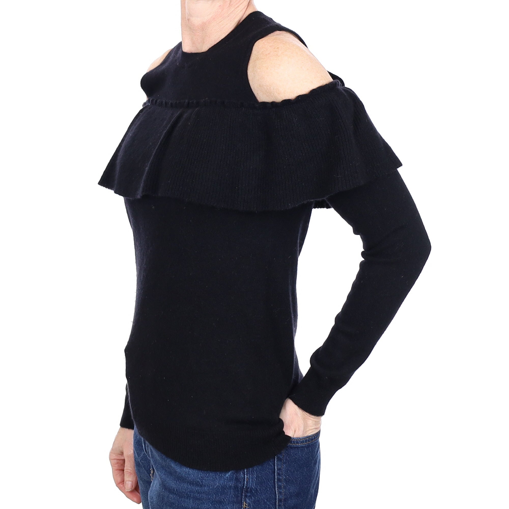 Black Cashmere Crew Neck Cold Shoulder Jumper Small
