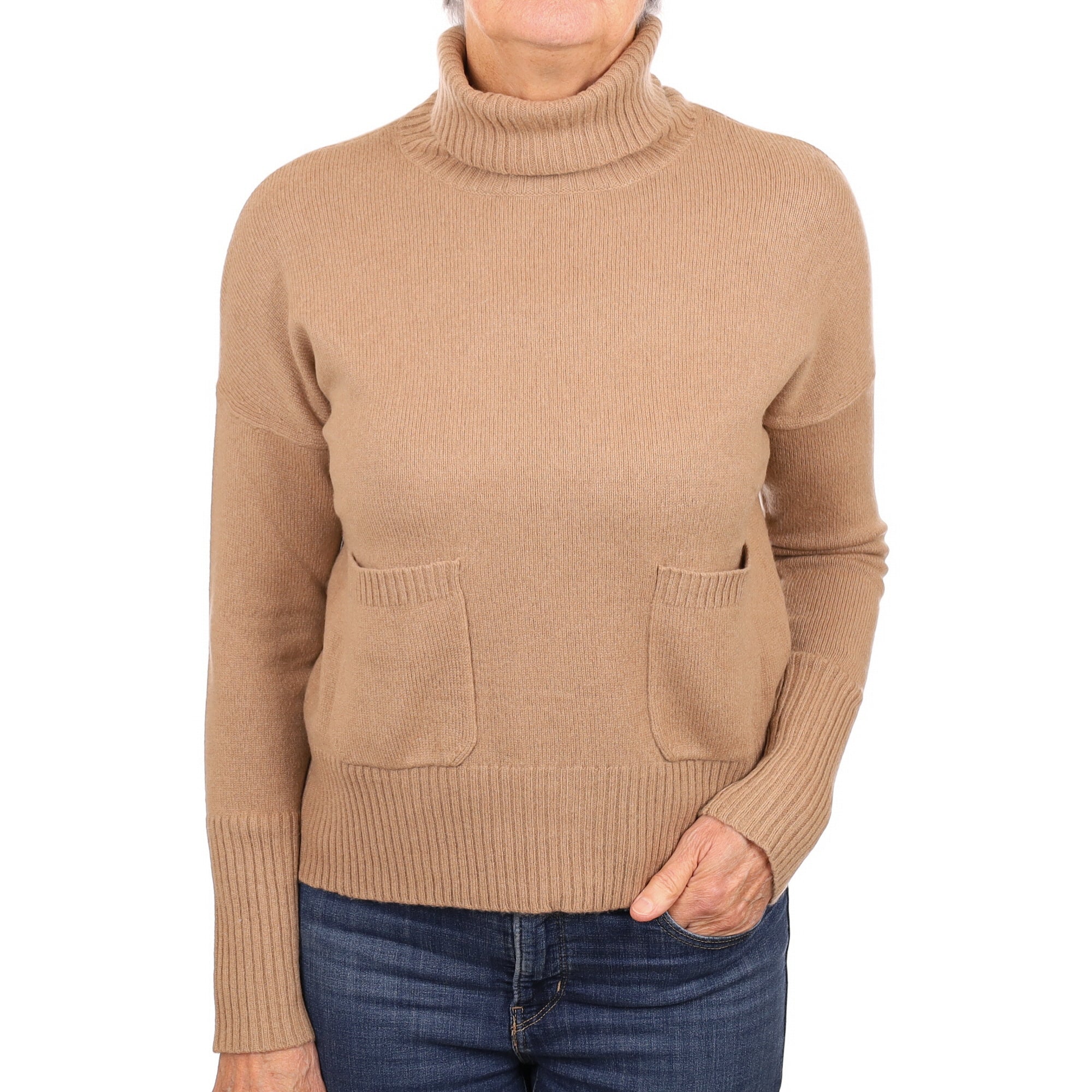 Fudge Brown Cashmere Boxy Polo Neck Jumper with Pockets Medium