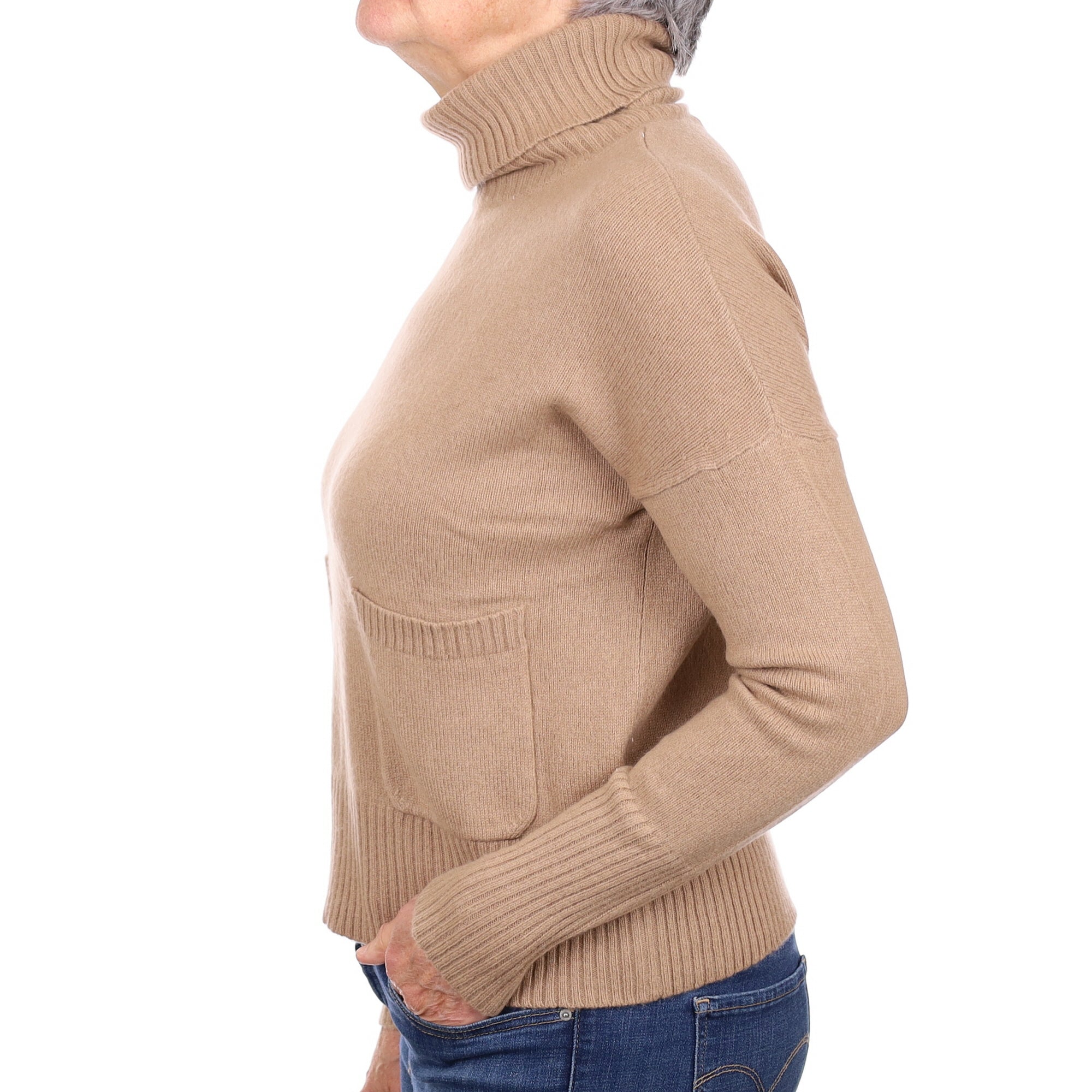 Fudge Brown Cashmere Boxy Polo Neck Jumper with Pockets Medium