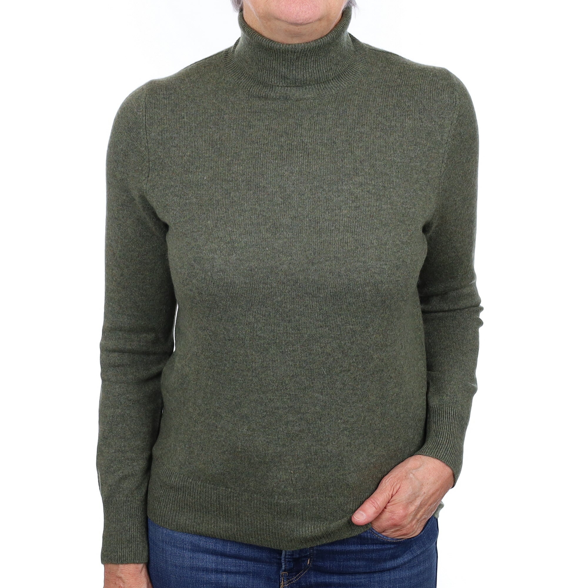 Khaki Green Cashmere Polo Neck Jumper Medium